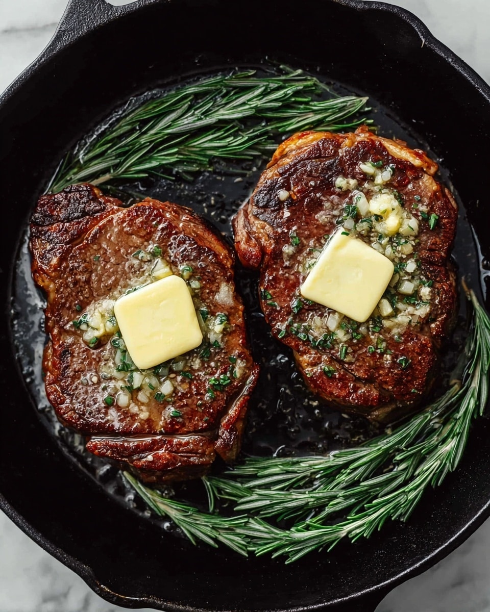 Two thick, juicy brown steaks cooked in a black cast iron pan are shown from above. Each steak has a square piece of melting pale yellow butter on top, sprinkled with small bits of chopped garlic and green herbs. Around the edges of the pan are fresh green rosemary sprigs, adding contrast to the dark pan and the steaks. The whole scene sits on a white marbled texture. photo taken with an iphone --ar 4:5 --v 7