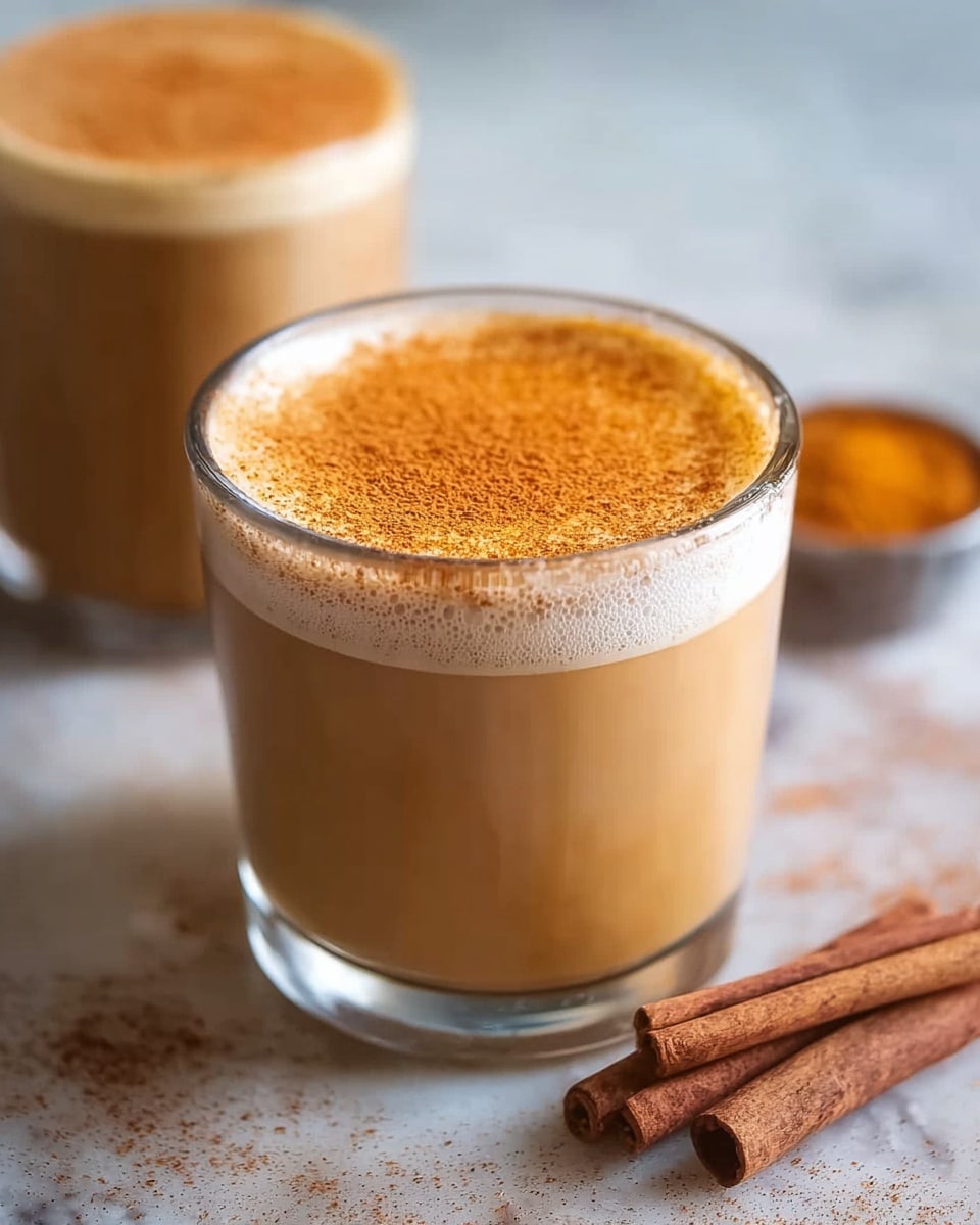 The image shows a clear glass cup filled with a creamy light brown drink topped with a white frothy layer about one centimeter thick, sprinkled with a fine layer of cinnamon powder that has a warm orange-brown color. Behind it, there is a second similar cup with the same drink but slightly out of focus. In the front right, there are three cinnamon sticks placed on the white marbled surface next to the cup. The background is soft and blurred, keeping the focus on the glass cups. The scene gives a warm and cozy feeling with natural light shining on the drink. photo taken with an iphone --ar 4:5 --v 7