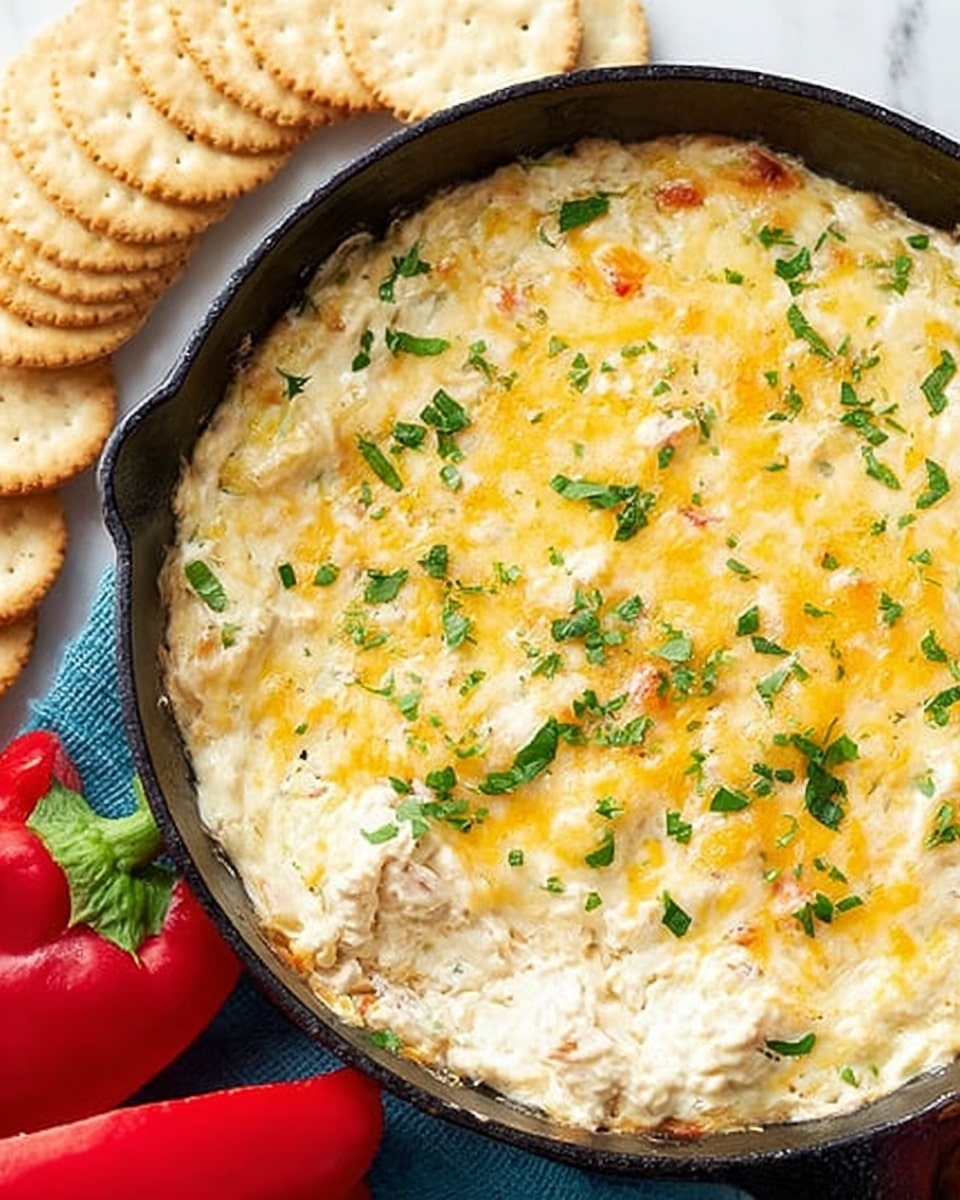 The image shows a black skillet filled with a creamy dip that has a light yellow and white melted cheese layer on top, sprinkled with chopped green herbs giving it some color contrast. The dip looks thick with some visible chunks beneath the cheese surface. To the left of the skillet, there are round light beige crackers stacked, placed on a white marbled surface. Next to the crackers, there are pieces of bright red bell pepper adding more color to the scene. Photo taken with an iphone --ar 4:5 --v 7