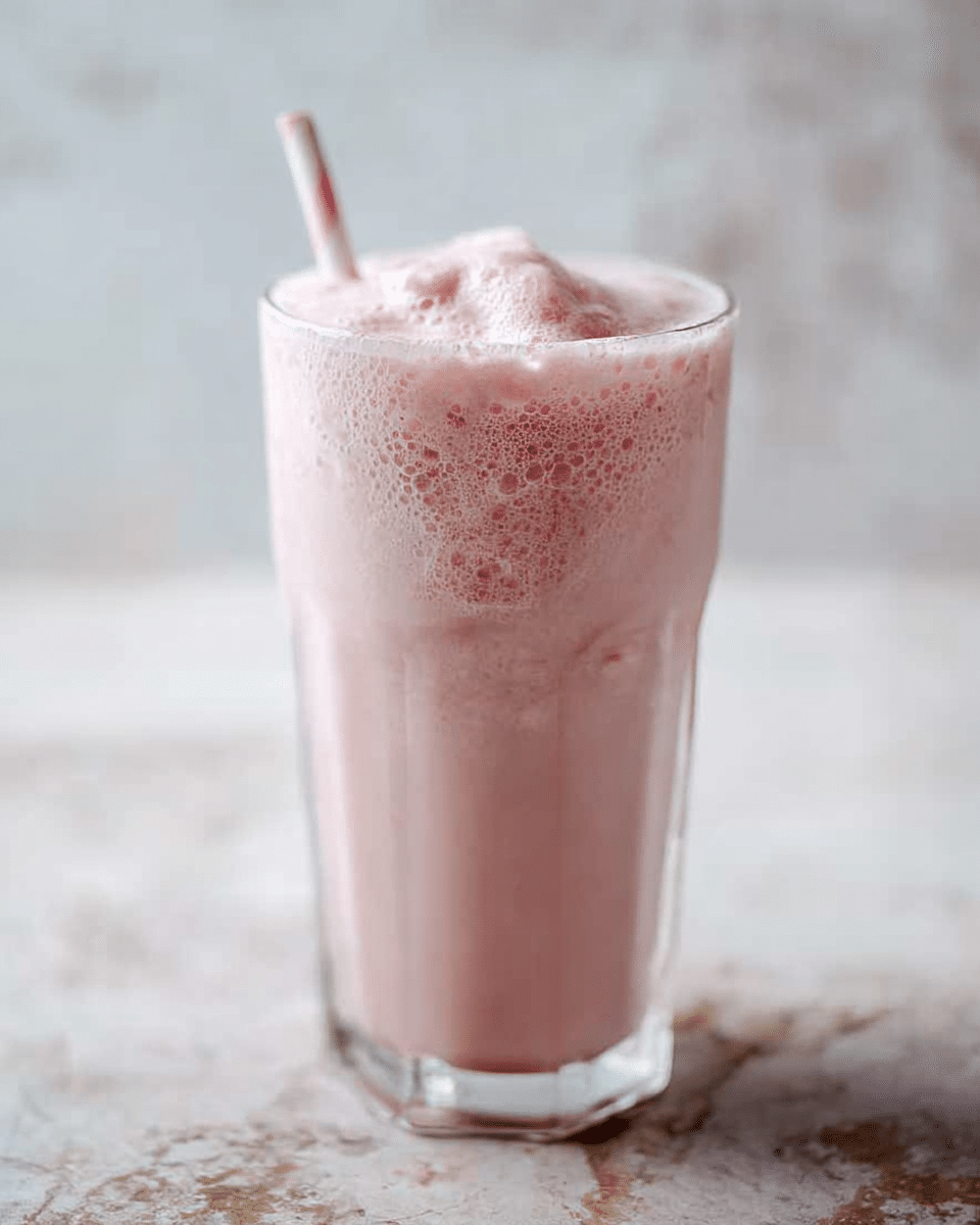 A tall clear glass filled with a light pink thick drink that has a creamy and slightly frothy texture on top, with tiny bubbles visible; a white and pink striped straw is inserted into the drink. The background is a soft white marbled texture, slightly blurred. Photo taken with an iphone --ar 4:5 --v 7