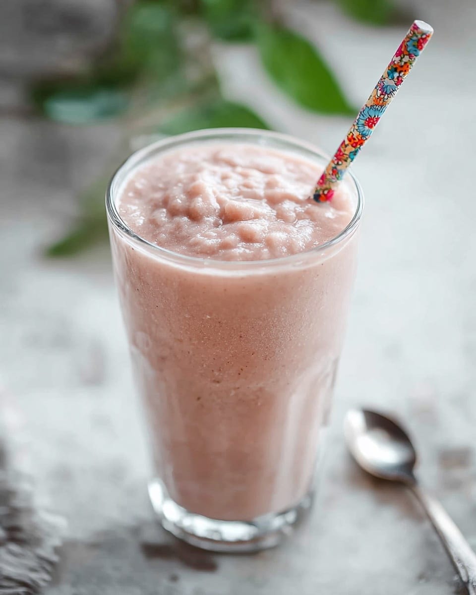 A tall clear glass filled with a light pink, thick smoothie that has a slightly chunky texture on top with small bubbles visible; a colorful floral patterned straw is placed in the smoothie, leaning slightly to the right; the glass sits on a white marbled surface with a soft, blurred background that includes a spoon and some green leaves. Photo taken with an iphone --ar 4:5 --v 7