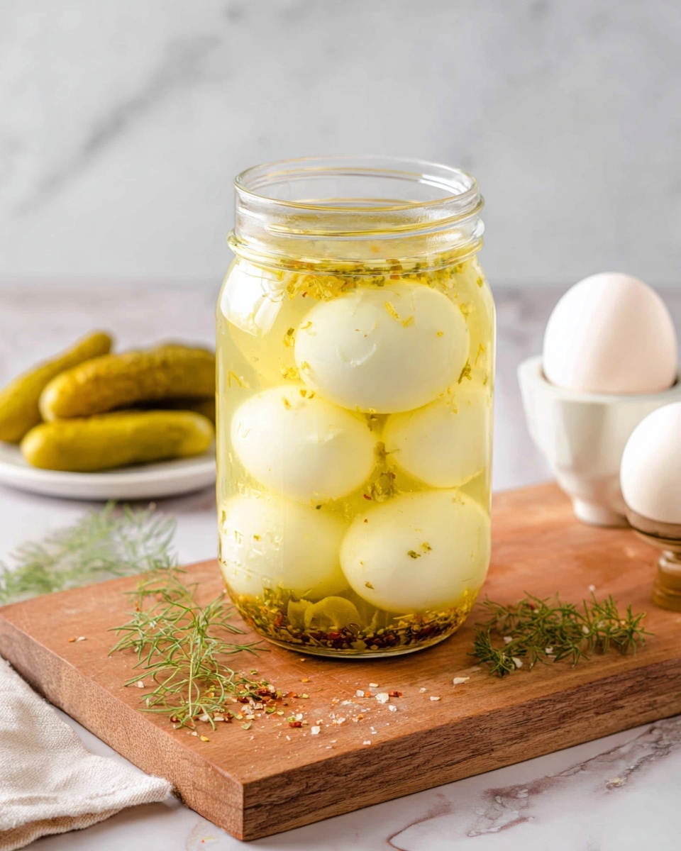 A close-up image showing a woman's hand lifting a peeled white hard-boiled egg with a fork out of a glass jar filled with yellow pickling liquid, the egg having the smooth white outer layer with a few small brown spots. Inside the jar, there is a partially visible second egg submerged in the liquid. The jar sits on a wooden board surrounded by pale green pickle slices and halved eggs with bright yellow yolks garnished with small green herbs. In the background, a white plate with pickle slices and a white carton of white eggs are placed on a white marbled textured surface. A folded light blue cloth is also partially visible behind the jar. Photo taken with an iphone --ar 4:5 --v 7