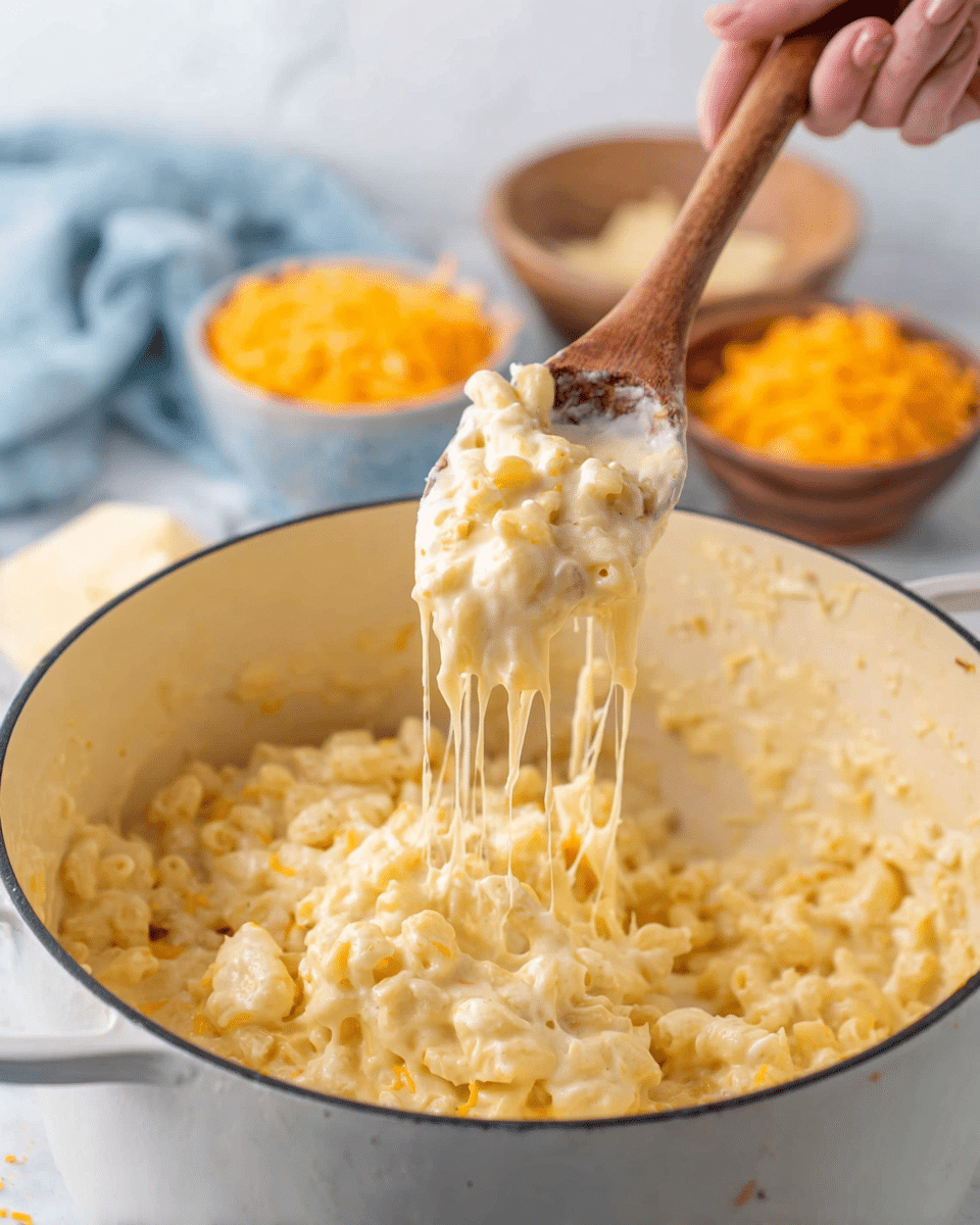A close-up view of creamy mac and cheese in a white pot with a black rim, with melted cheese strands stretching from the bottom to a wooden spoon held by a woman's hand. The dish is rich and gooey, with small pasta pieces coated in thick, pale yellow cheese sauce, showing a smooth yet slightly chunky texture. In the background, blurred bowls of shredded orange and white cheese sit on a white marbled surface alongside a light blue cloth. Photo taken with an iphone --ar 4:5 --v 7