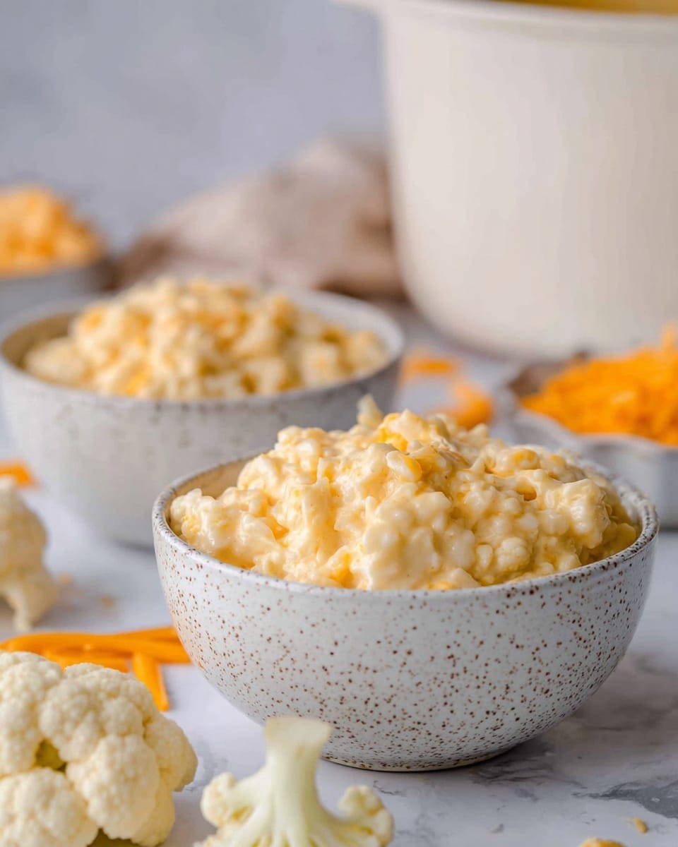 Two white speckled bowls filled with creamy, chunky cauliflower cheese mixture sit on a white marbled surface. The mixture has a pale yellow-orange color with visible soft cauliflower bits and a smooth, cheesy texture. The bowls are in the center and mid-background, with some raw cauliflower florets and thin slices of cheddar cheese scattered in the front left. In the far background, blurred smaller white bowls hold shredded cheddar and other ingredients, with a large white pot to the right. The scene is softly lit and cozy. photo taken with an iphone --ar 4:5 --v 7