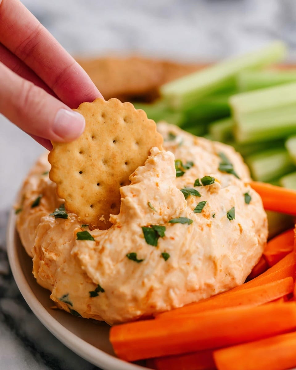 A large mound of light orange cheese spread sits on a wooden board, its texture creamy and slightly chunky with small green herb pieces sprinkled on top. Surrounding the cheese spread are crunchy pale yellow round crackers arranged in piles, and fresh vegetable sticks with bright orange carrot sticks and light green celery stalks placed neatly nearby. A butter knife with a wooden handle rests on the board, holding a small scoop of the cheese spread. The whole setup is on a white marbled surface with a soft-focus white cloth in the background. photo taken with an iphone --ar 4:5 --v 7