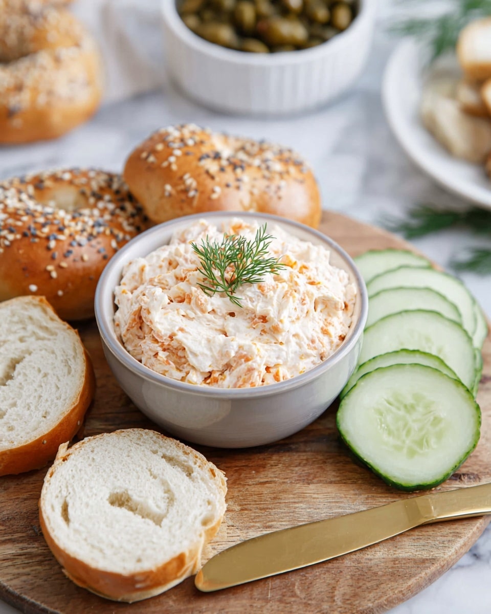 A sesame seed bagel cut in half, with the top half resting below and the bottom half spread thickly with a creamy orange and white mixture that looks fluffy and slightly chunky, topped with a small green dill sprig in the center. Around the bagel are several thin, green cucumber slices showing their pale green flesh and seeds. The bagel and cucumber slices are placed on a white marbled surface with a striped black and white kitchen towel partially visible in the top right corner. photo taken with an iphone --ar 4:5 --v 7