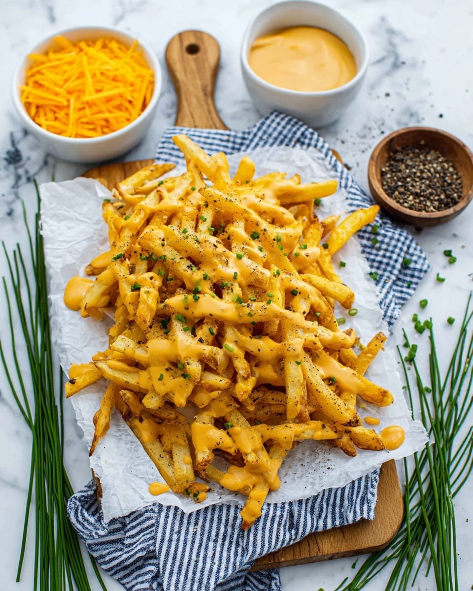 A pile of golden-brown French fries with specks of black pepper is layered on a piece of white parchment paper, which rests on a blue and white striped cloth over a wooden board. The fries are covered with drizzles of creamy, light orange cheese sauce. Around the board are fresh green chive sprigs, some black pepper corns scattered, a white bowl filled with bright orange shredded cheese, and a small wooden bowl filled with black pepper. The whole setting sits on a white marbled surface. photo taken with an iphone --ar 4:5 --v 7