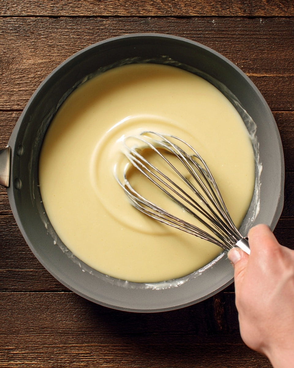 The image shows a close-up of a smooth, creamy pale yellow sauce being stirred in a gray pan with a metal whisk held by a woman's hand on the right side. The sauce looks thick and glossy, covering the entire bottom of the pan. The pan is placed on a dark wooden surface. Photo taken with an iphone --ar 4:5 --v 7