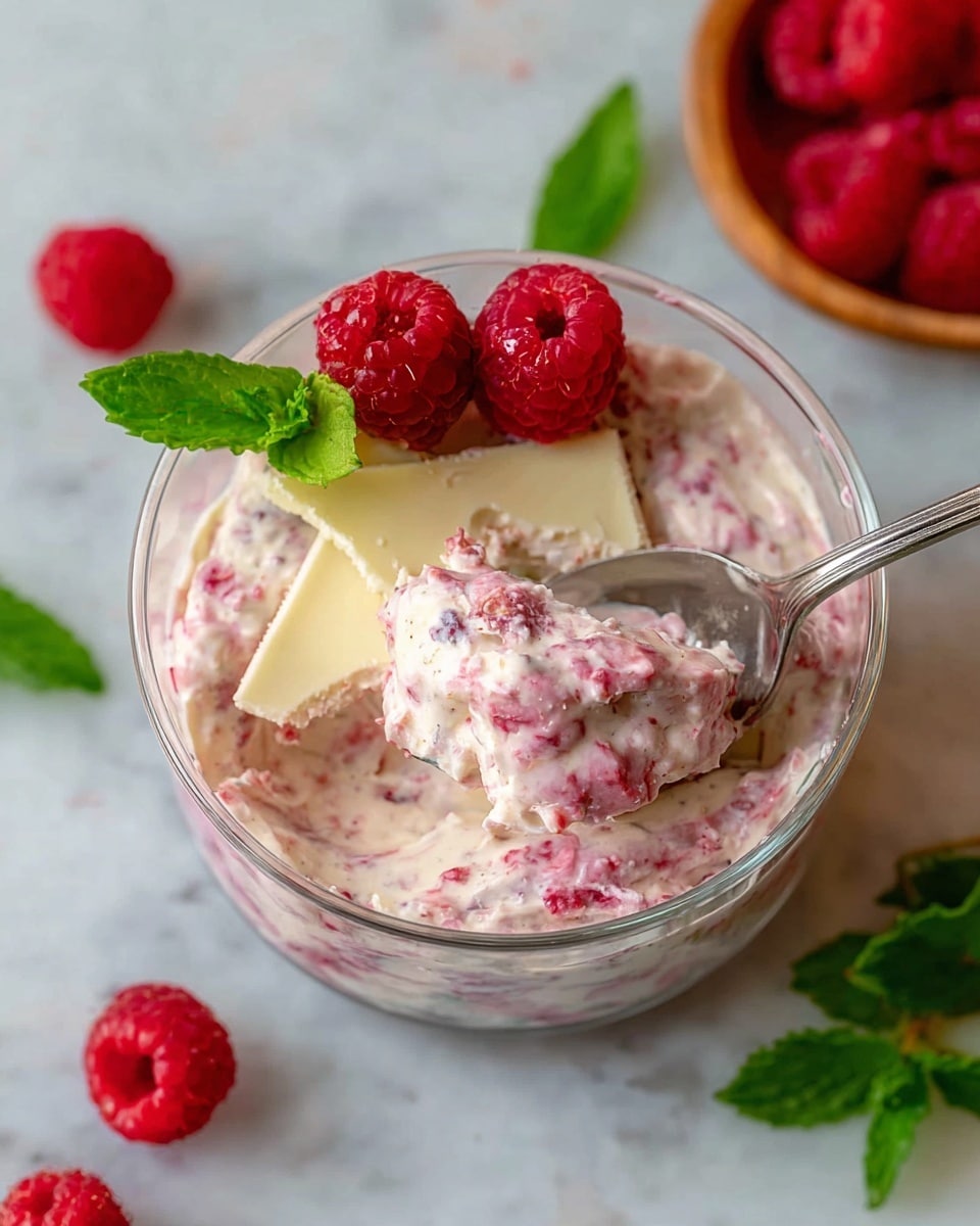 A clear glass bowl filled with a mixture of white creamy yogurt blended with crushed red raspberries, creating a speckled pink and white texture. On top, a broken thin white chocolate layer is laid flat but cracked in a few places, revealing the raspberry mix underneath. Three whole fresh raspberries and one small bright green mint leaf are placed on the left side of the white chocolate cap, adding a vivid red and green contrast. The bowl is set on a white marbled surface with a few loose raspberries and sprigs of mint scattered around. A silver spoon is dipped into the bowl from the right side, scooping up some of the yogurt and chocolate mixture. photo taken with an iphone --ar 4:5 --v 7