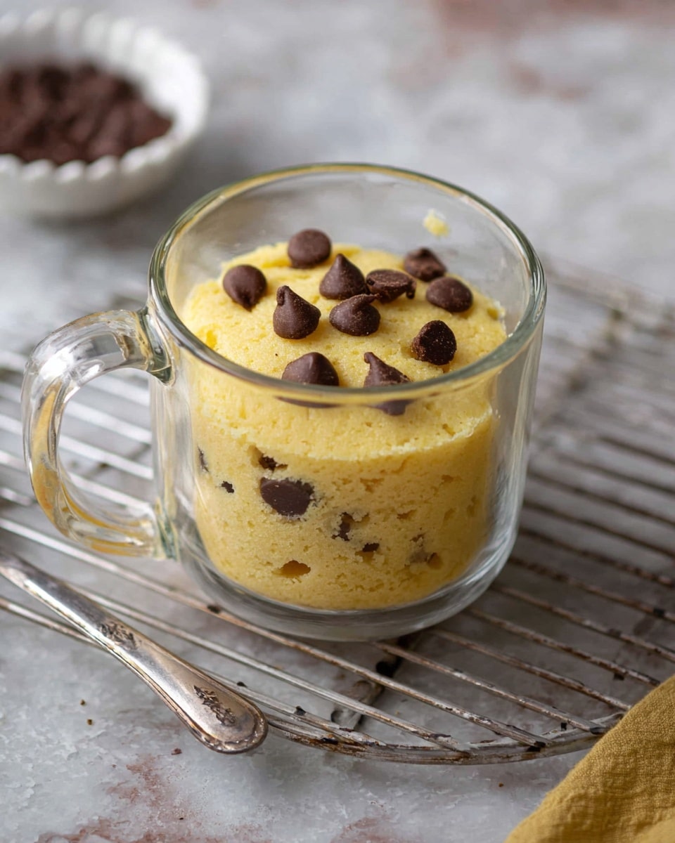 A clear glass mug holds a single-layer yellow cake topped with scattered melted chocolate chips. The cake has a soft, spongy texture with small air holes visible on the surface. The mug sits on a metal cooling rack over a white marbled surface, with a small white bowl containing more chocolate chips seen blurred in the background. A silver spoon rests nearby. Photo taken with an iphone --ar 4:5 --v 7