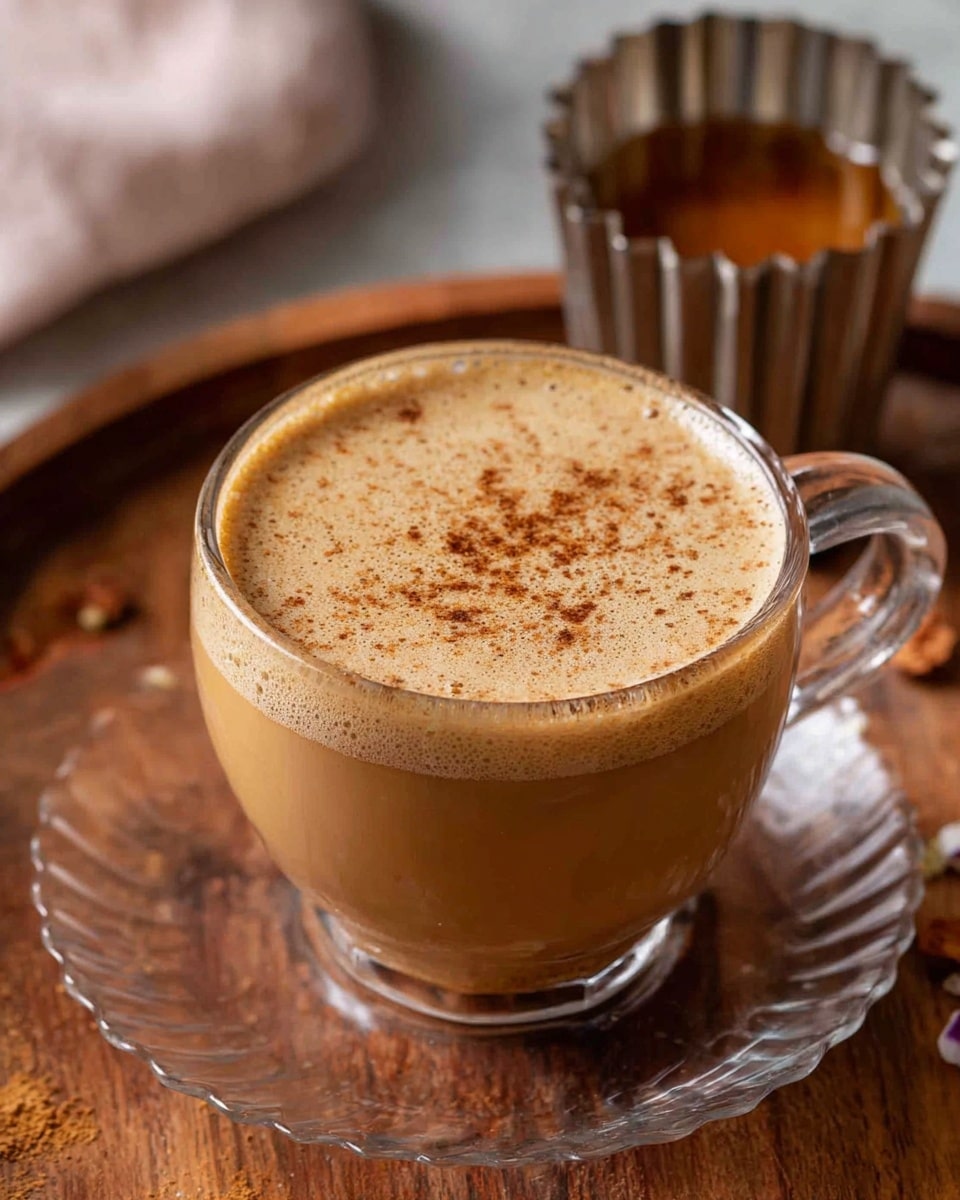 A clear glass cup with a handle filled with a creamy light brown drink topped with a thin layer of froth sprinkled with brown spices. The cup sits on a matching clear glass saucer, placed on a wooden surface. In the blurred background, there is a small metallic fluted container with a brown liquid inside. Photo taken with an iphone --ar 4:5 --v 7