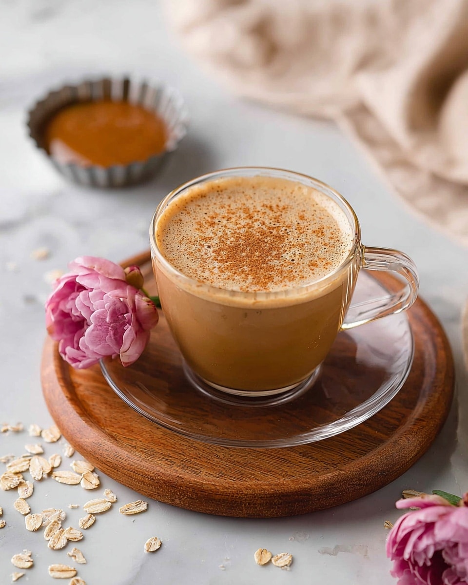 A clear glass cup filled with a light brown creamy drink with a frothy top sprinkled with fine cinnamon powder, sitting on a clear glass saucer; the cup and saucer are placed on a round wooden board. Around the cup, there are scattered oats and a pink peony flower resting gently on the board, with a small metallic tart tin filled with a caramel-colored sauce blurred in the background. The setting is on a white marbled surface with a soft beige cloth partially visible at the top right corner. photo taken with an iphone --ar 4:5 --v 7