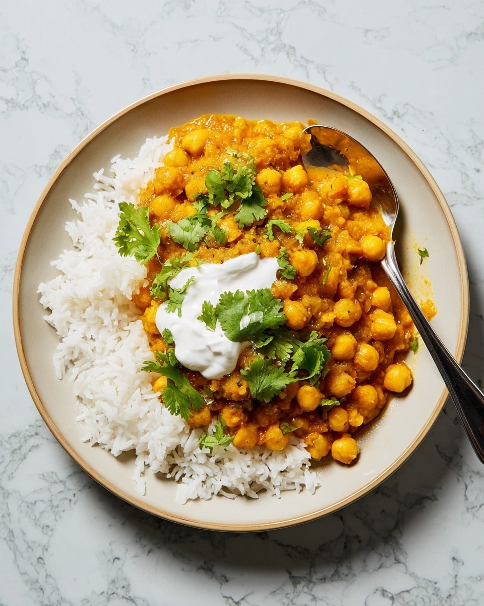 A white plate holds a dish with two main layers; the bottom layer is white rice, fluffy and spread out in a semicircle on one side, while the top layer is yellow-orange chickpea curry with a thick texture covering the other half of the rice. On top of the curry, there is a dollop of white creamy yogurt and a few fresh green cilantro leaves scattered for garnish. A spoon with a silver head and a black handle rests on the side of the plate, partially on the white rice. The plate sits on a white marbled surface. photo taken with an iphone --ar 4:5 --v 7