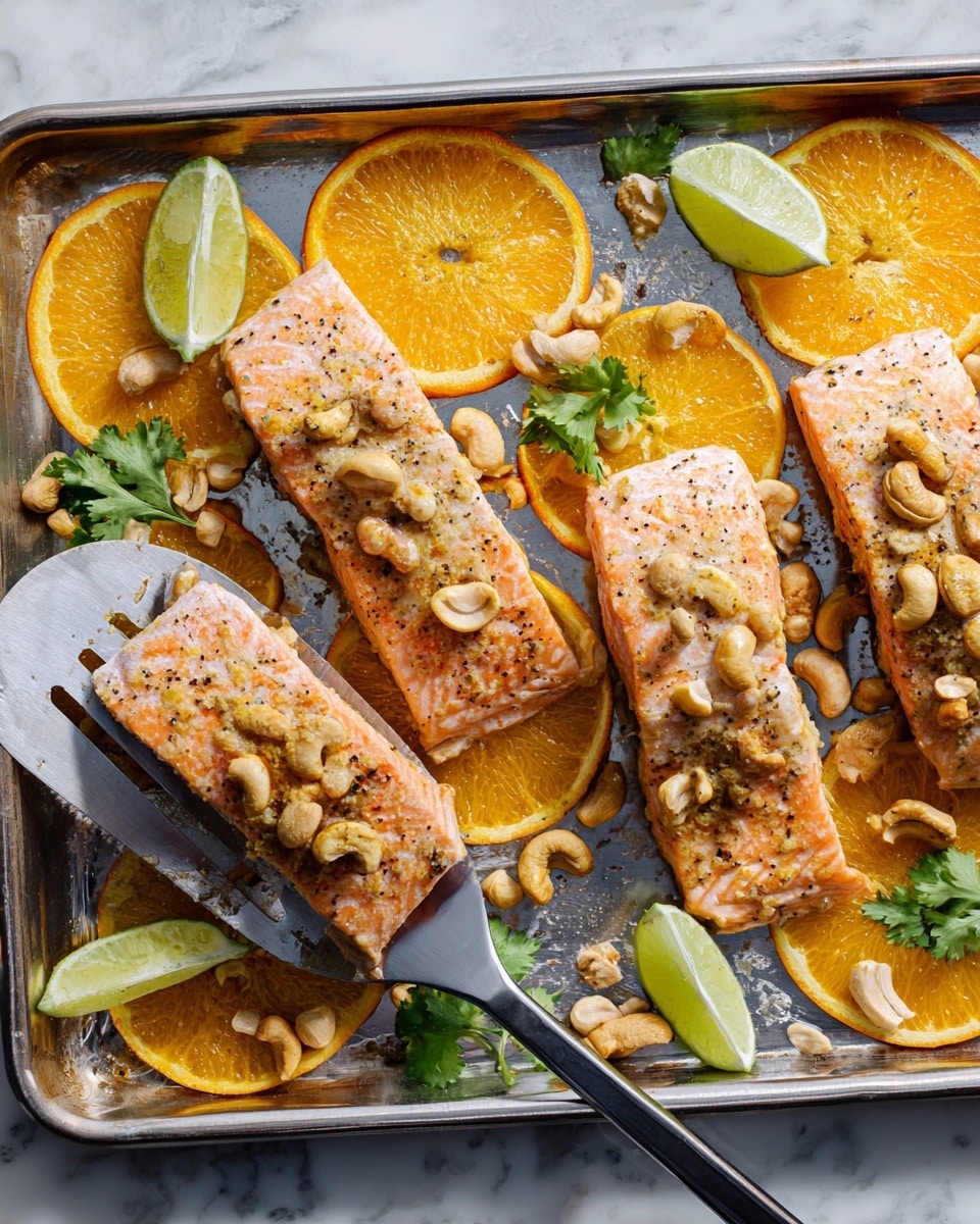 The image shows four cooked salmon fillets placed on a baking tray with a shiny surface. Each fillet is sitting on a round orange slice, with the bright orange and light orange shades contrasting with the pinkish-orange salmon. Around the salmon and orange slices, there are scattered light beige cashew nuts and green parsley leaves adding color and texture. Some lime halves with a fresh green color are also placed in the corners. The salmon has a lightly seasoned look with black pepper and spices on the surface. A metal spatula is lifting one salmon fillet from the bottom left. The tray is on a white marbled surface. Photo taken with an iphone --ar 4:5 --v 7