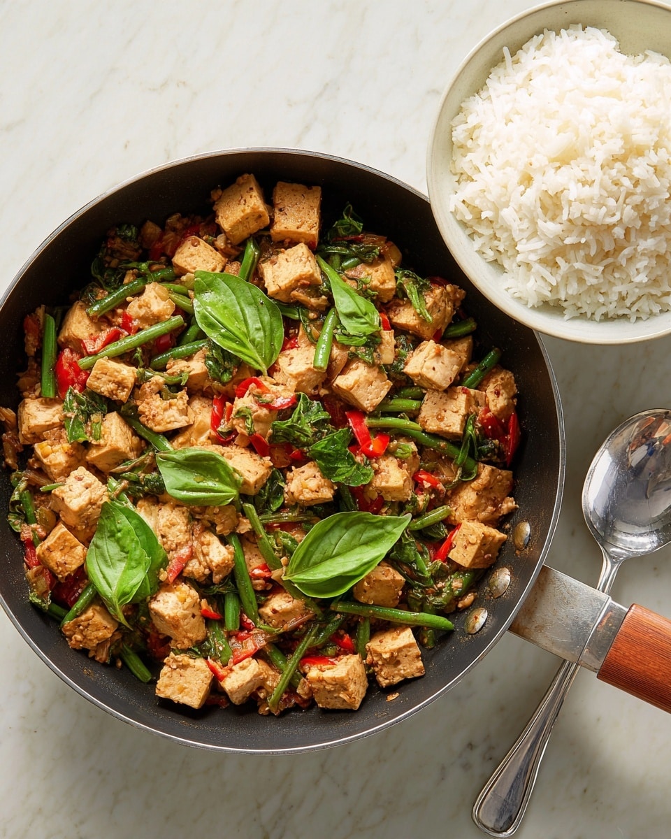 A black skillet filled with stir-fried tofu pieces that are light brown with a slightly crispy texture, mixed with bright green basil leaves scattered throughout, small chunks of red chili peppers, and chopped green beans. The tofu and vegetables are layered evenly inside the skillet, giving a colorful and fresh look. To the right of the skillet is a white bowl filled with fluffy white rice, and beside it is a large silver spoon resting on a white marbled surface. photo taken with an iphone --ar 4:5 --v 7