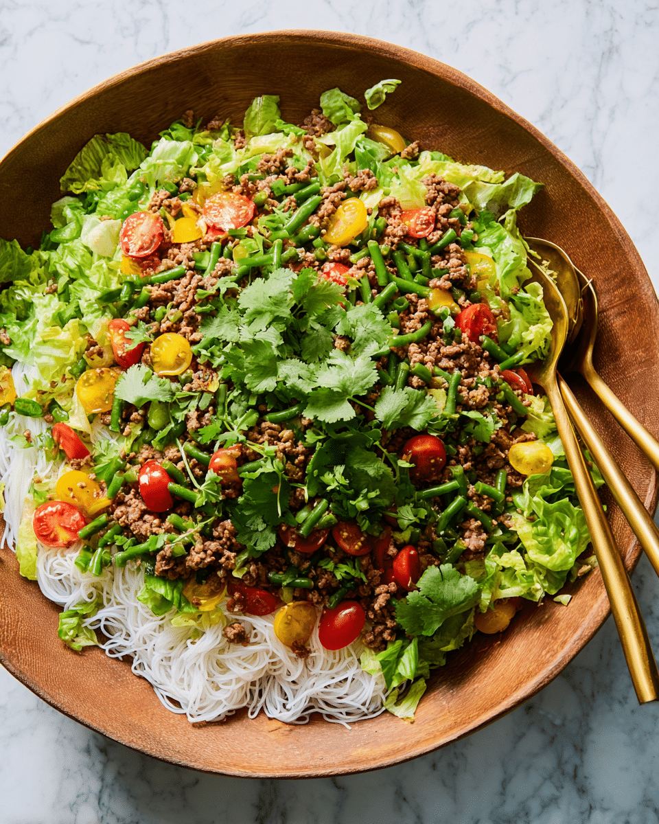 The dish is presented in a large wooden bowl placed on a white marbled surface. At the bottom, there is a layer of white rice noodles peeking out around the edges. Above that, a mix of chopped light green lettuce leaves along with yellow bell pepper pieces and halved red cherry tomatoes forms a colorful second layer. The top layer consists of cooked ground beef mixed with chopped green beans and fresh bright green cilantro leaves scattered throughout. Two gold and wooden serving utensils rest on the side inside the bowl. Photo taken with an iphone --ar 4:5 --v 7