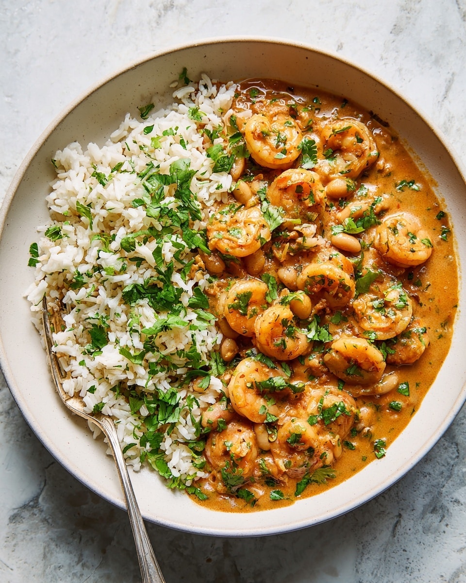 A white shallow bowl holds two main layers: on the left side, a bed of fluffy white rice sprinkled lightly with chopped green herbs, and on the right side, a saucy shrimp dish with plump, orange-pink shrimp coated in a thick creamy, light brown sauce mixed with white beans. The shrimp and beans are garnished generously with fresh green chopped herbs, creating a contrast of colors and textures. A silver fork rests partly in the rice, with a small piece of herb caught between its tines. The bowl sits on a white marbled surface. Photo taken with an iphone --ar 4:5 --v 7