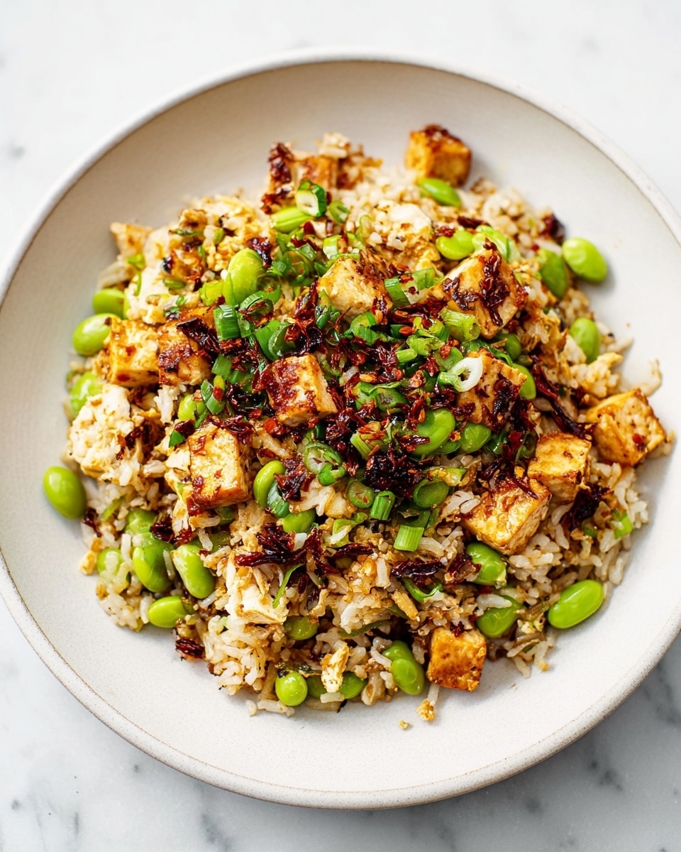 A white plate filled with a single layer of cooked rice mixed with light brown tofu pieces, bright green edamame beans, and finely chopped green onions scattered on top. The rice is speckled with dark red chili flakes and bits of crispy browned garlic, giving a textured look. The tofu pieces are medium-sized, with a soft appearance and some charred edges. The dish sits on a white marbled surface. photo taken with an iphone --ar 4:5 --v 7