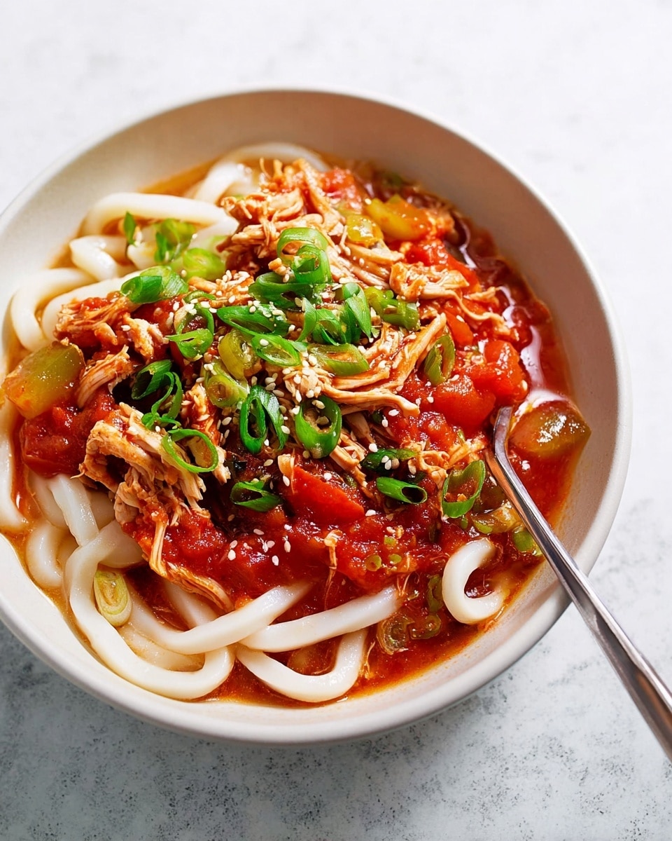 A bowl of thick white udon noodles sits at the bottom, forming the first layer with a smooth and soft texture. On top, there is a bright red tomato-based sauce with chunks of tomato, creating a rich and slightly chunky second layer. Shredded pieces of cooked chicken are scattered over the sauce, adding a light brown, tender layer. Green sliced scallions are sprinkled all over, giving a fresh touch of bright green. White sesame seeds are lightly sprinkled on top for small, subtle texture contrasts. A spoon and fork rest inside the white bowl, which is placed on a white marbled surface. Photo taken with an iphone --ar 4:5 --v 7