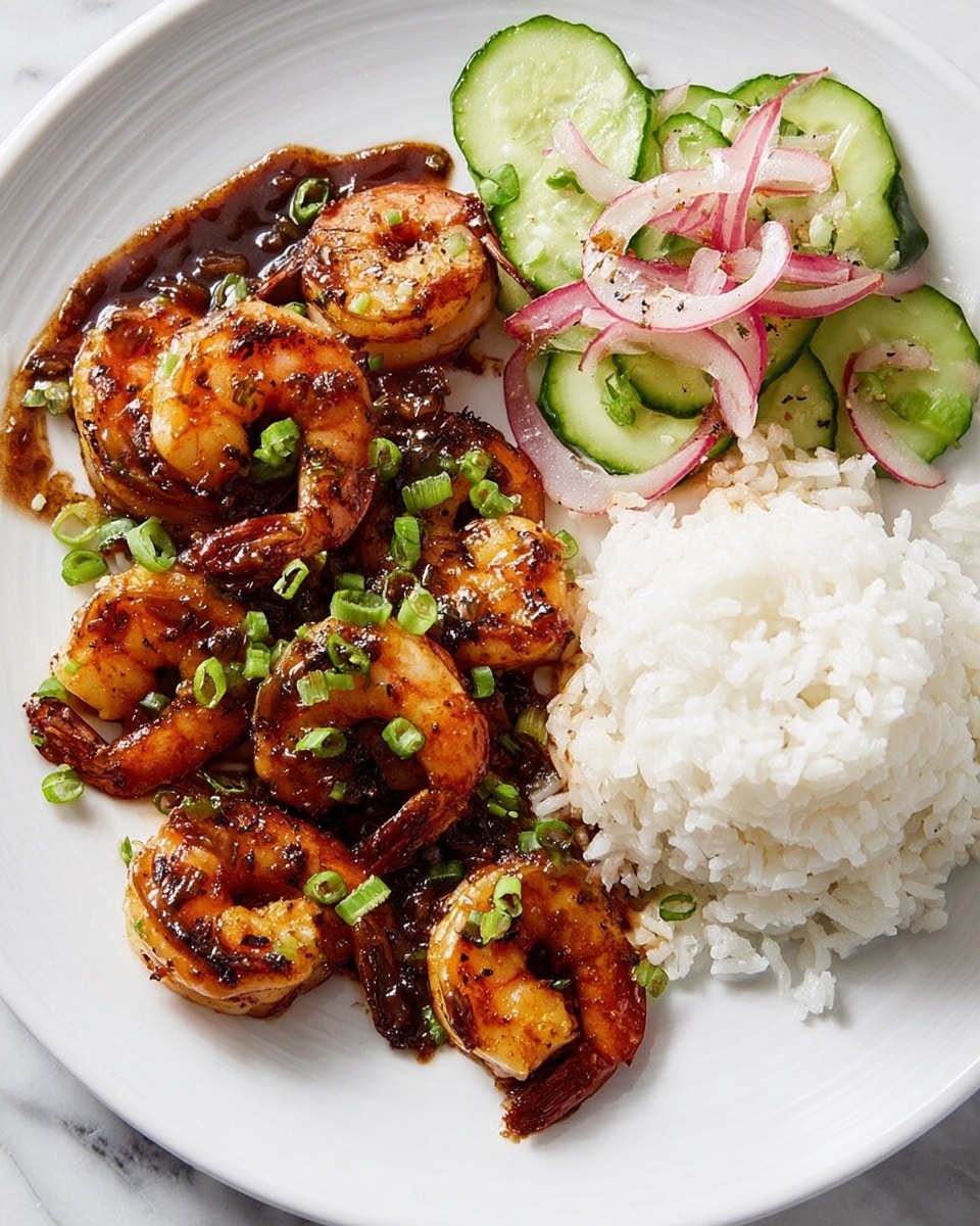 A white plate holds a serving of grilled shrimp coated in a shiny dark brown glaze, each shrimp curled and showing slight char marks. The shrimp are sprinkled with chopped green onions. To the right side of the plate lies a neat mound of white rice with a fluffy texture. Above the shrimp, there is a small pile of thin cucumber slices mixed with thin red onion slices, both fresh and moist. The plate rests on a white marbled surface. photo taken with an iphone --ar 4:5 --v 7