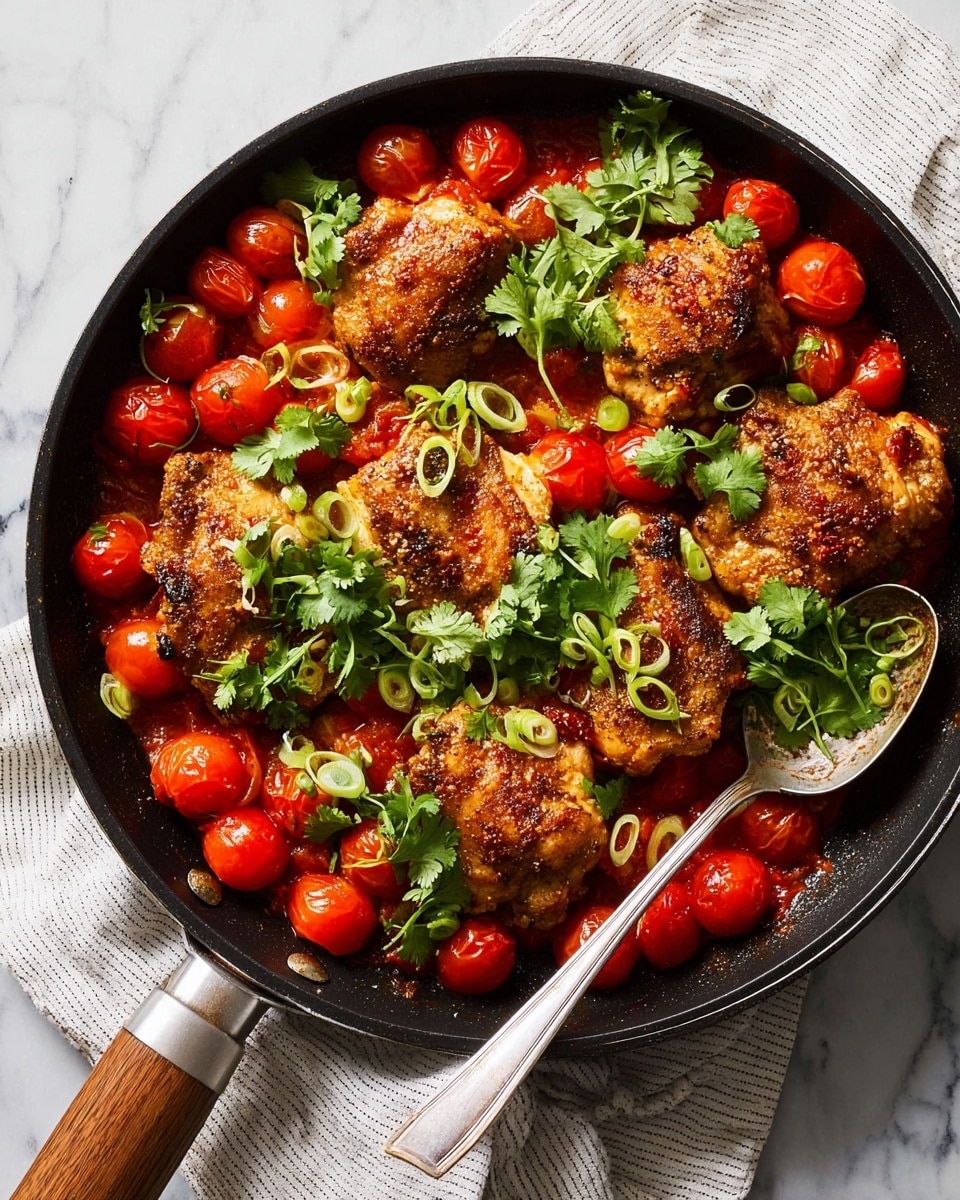 A skillet filled with six golden-brown cooked chicken thighs arranged in a circular pattern on top of a bed of bright red cherry tomatoes, some of which are slightly blistered. The chicken thighs have a slightly crispy texture with visible seasoning. Fresh green cilantro leaves and thinly sliced green onion rings are scattered evenly over the chicken and tomatoes, adding color contrast. A silver spoon rests on the right side inside the skillet, and the skillet handle has a wooden grip. The skillet is placed on a white marbled surface with a white striped cloth nearby. Photo taken with an iphone --ar 4:5 --v 7