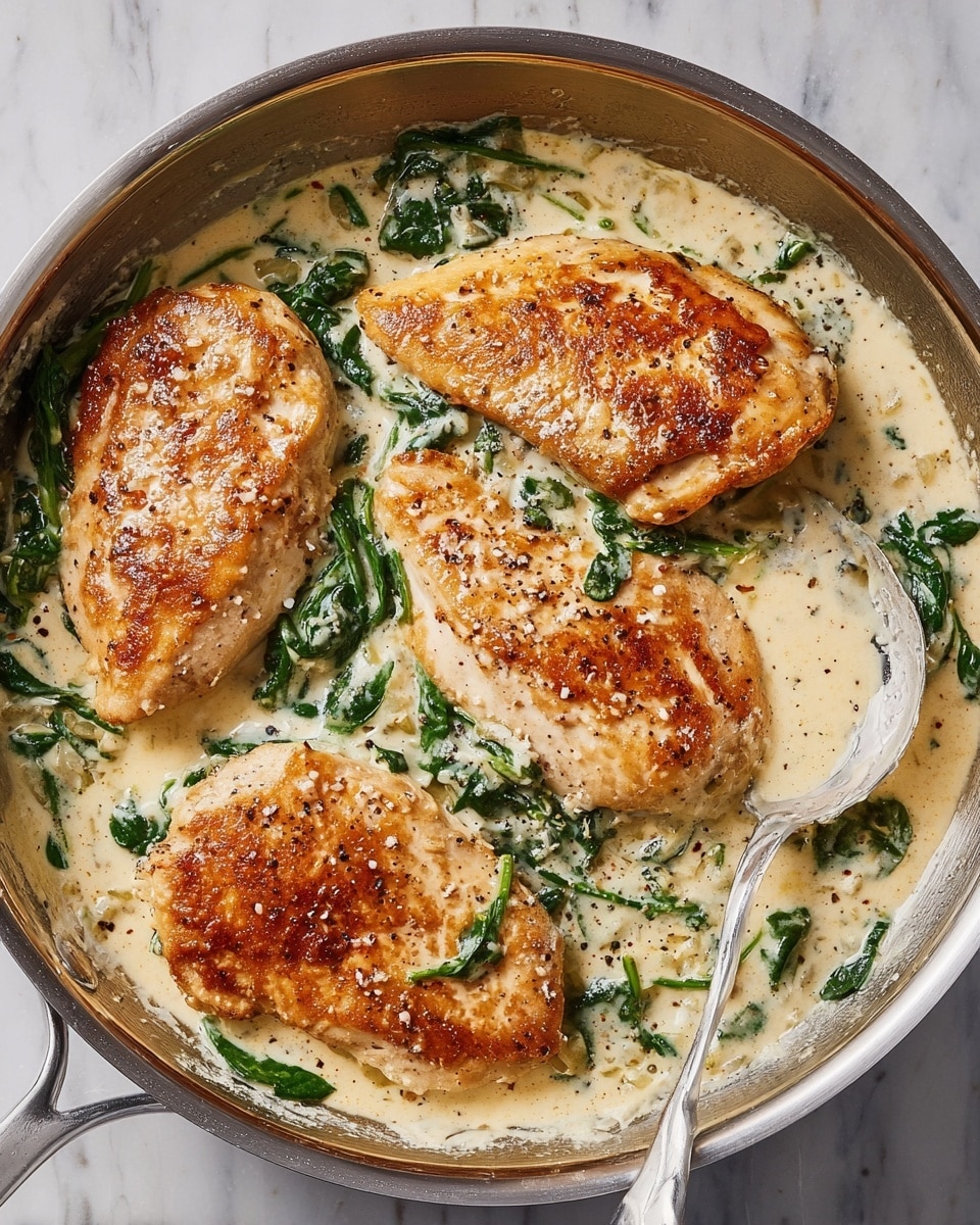 The image shows a stainless steel pan filled with four golden-brown cooked chicken breasts, each with a slightly crispy texture on top. The chicken is partially covered by a creamy, light beige sauce with small flecks of black pepper and visible green spinach leaves scattered throughout. The sauce looks rich and thick, surrounding the chicken evenly. A shiny spoon is partially visible under the chicken on the right side of the pan. The pan is placed on a white marbled surface. Photo taken with an iphone --ar 4:5 --v 7