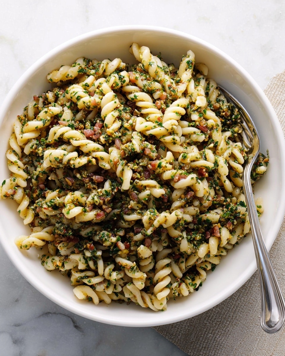 A white bowl filled with twisted pasta coated in a mix of finely chopped green herbs and bits of light brown nuts or seasoning, giving it a speckled look with shades of green and tan spread evenly over the creamy white pasta. The texture of the pasta is smooth and glossy, contrasting with the crumbly, coarse topping. The bowl sits on a white marbled surface, with a silver fork placed beside the bowl. Photo taken with an iphone --ar 4:5 --v 7