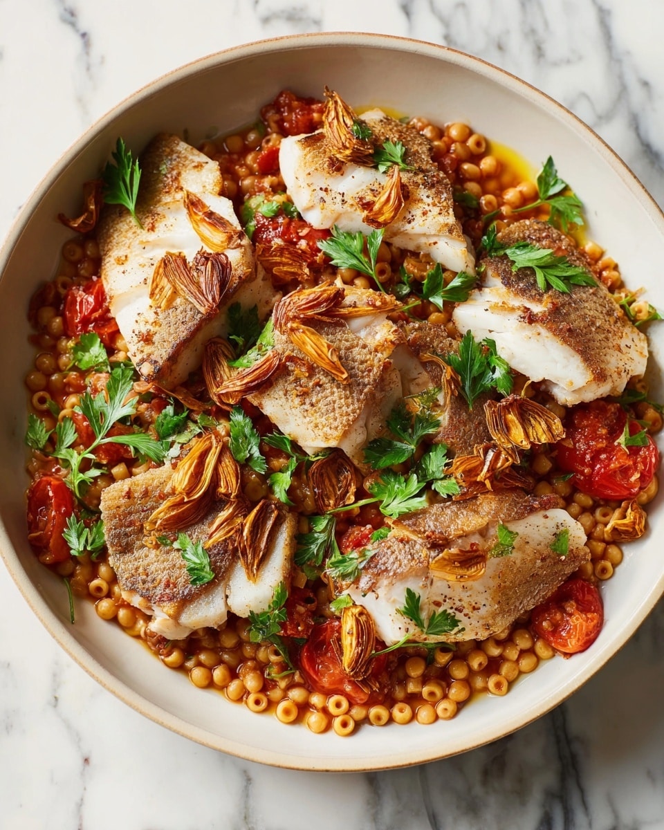 A large white bowl sits on a white marbled surface, filled with three main layers. The bottom layer is round, small pasta pearls colored a warm reddish-brown, mixed with slices of red tomatoes peeking through. On top, there are seven pieces of cooked white fish fillets, each with a light golden-brown sear and slightly flaky texture. The fish pieces are scattered evenly, and they are garnished with numerous thin, golden-brown fried garlic slices and fresh green parsley leaves, adding a pop of color and texture contrast. Photo taken with an iphone --ar 4:5 --v 7