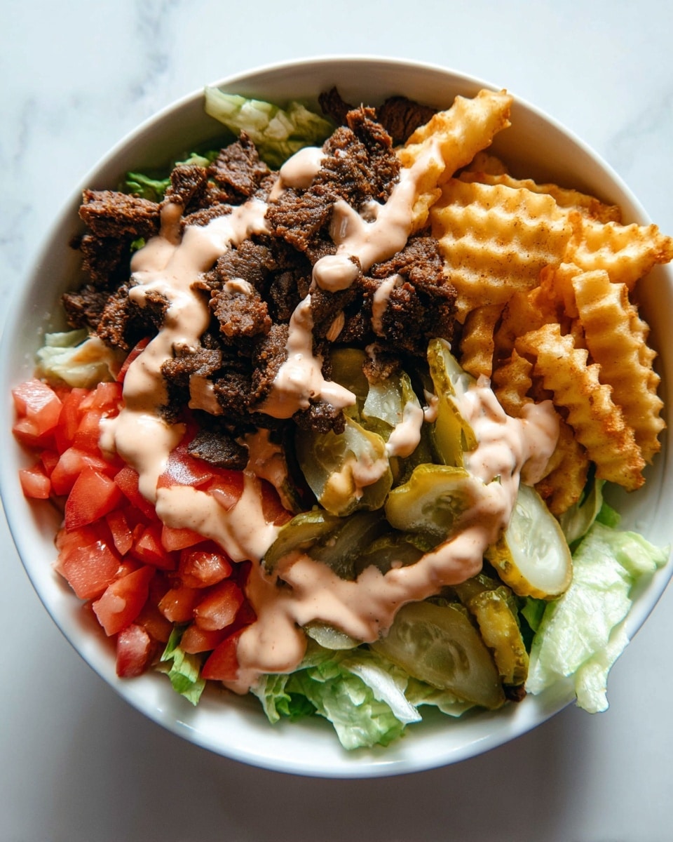 The dish is served in a white bowl on a white marbled surface. The base layer consists of light green shredded lettuce spread evenly across the bottom. On top of the lettuce, there are small chunks of red tomato and several slices of green pickles positioned on one side. Thick, dark brown pieces of grilled or fried beef are placed over the vegetables. The entire dish is generously covered with a creamy light pink sauce that drips over the layers underneath. A portion of crispy fried waffle fries with a golden-brown color is placed along one edge of the bowl, partially covered by the sauce. Photo taken with an iphone --ar 4:5 --v 7
