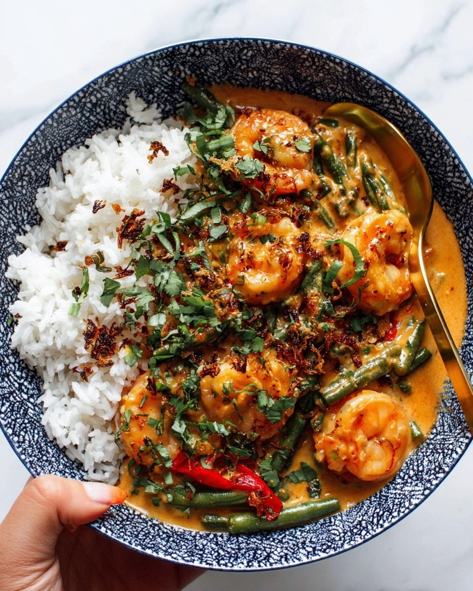 A bowl with a blue patterned inner surface contains a dish with two main layers. The back half shows white rice, soft and fluffy in texture, while the front half holds shrimp covered in orange sauce. Mixed in the sauce are green beans and slices of red pepper adding bright spots of color. The dish is topped with finely chopped fresh green herbs and small, crispy fried bits in dark brown. A golden spoon rests on the right side inside the bowl, partly covered by the shrimp and sauce. A woman's hand is holding the bowl at the bottom left corner. The background is a white marbled texture. photo taken with an iphone --ar 4:5 --v 7