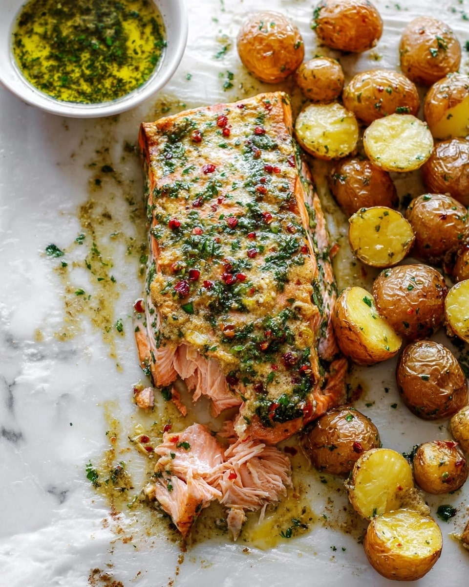 A rectangular piece of cooked salmon with a golden-brown crust sits on a metal baking tray, surrounded by small roasted potatoes, some halved to show their soft, yellow inside and others whole with a crispy, browned skin. The salmon is sprinkled with green herbs, adding a fresh touch on top. A woman's hand is holding a small white bowl with green herb sauce and using a spoon to drizzle the sauce over the potatoes and salmon. The tray rests on a white marbled surface. photo taken with an iphone --ar 4:5 --v 7