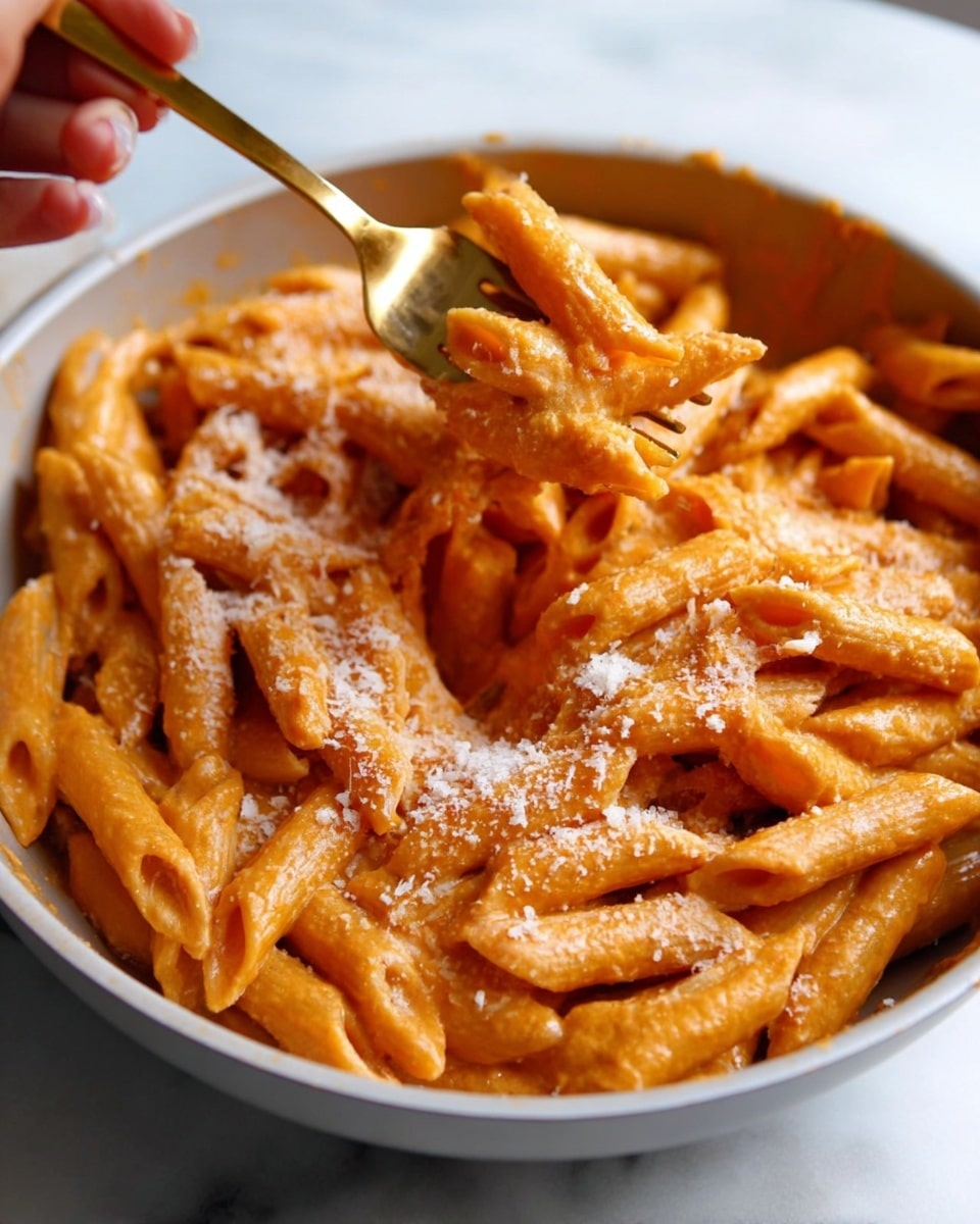 The image shows a white pan full of creamy orange pasta, with penne noodles evenly covered in a smooth, thick sauce. The pasta has a soft texture and is sprinkled with fine, white grated cheese that adds contrast on top. A woman's hand is using a gold fork to lift a portion of the pasta, showing the sauce dripping slightly from the pasta on the fork. The setting has a white marbled surface under the pan, highlighting the warm colors of the dish. Photo taken with an iphone --ar 4:5 --v 7