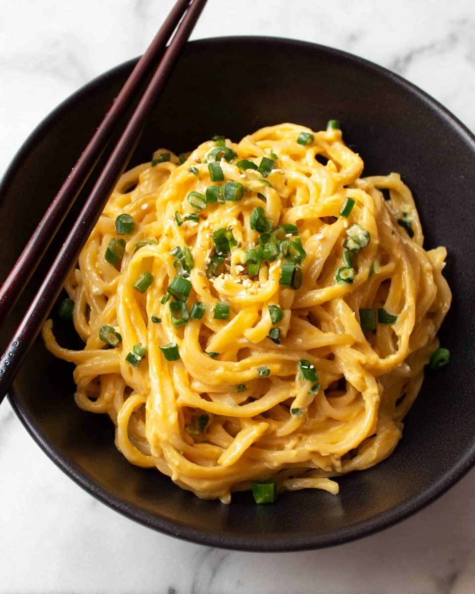 A black bowl filled with yellow noodles coated in a creamy sauce, topped with chopped green onions scattered evenly over the noodles. The noodles are thick and twisted, showing a smooth texture with a slight shine from the sauce. Dark brown chopsticks rest inside the bowl on the left side, partly submerged in the noodles. The bowl sits on a white marbled surface. photo taken with an iphone --ar 4:5 --v 7