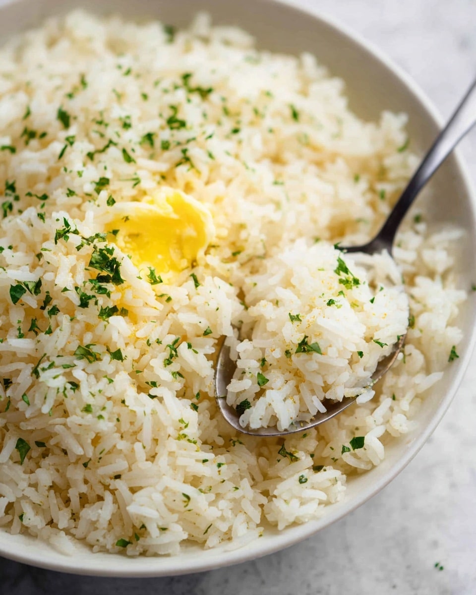 A close-up of a white bowl filled with cooked white rice, each grain fluffy and separate, topped with a small pat of melting yellow butter in the center. Small bits of green parsley are sprinkled evenly over the rice, adding a touch of color. A silver spoon is scooping some rice from the bowl, showing texture and softness. The bowl rests on a white marbled textured surface. photo taken with an iphone --ar 4:5 --v 7