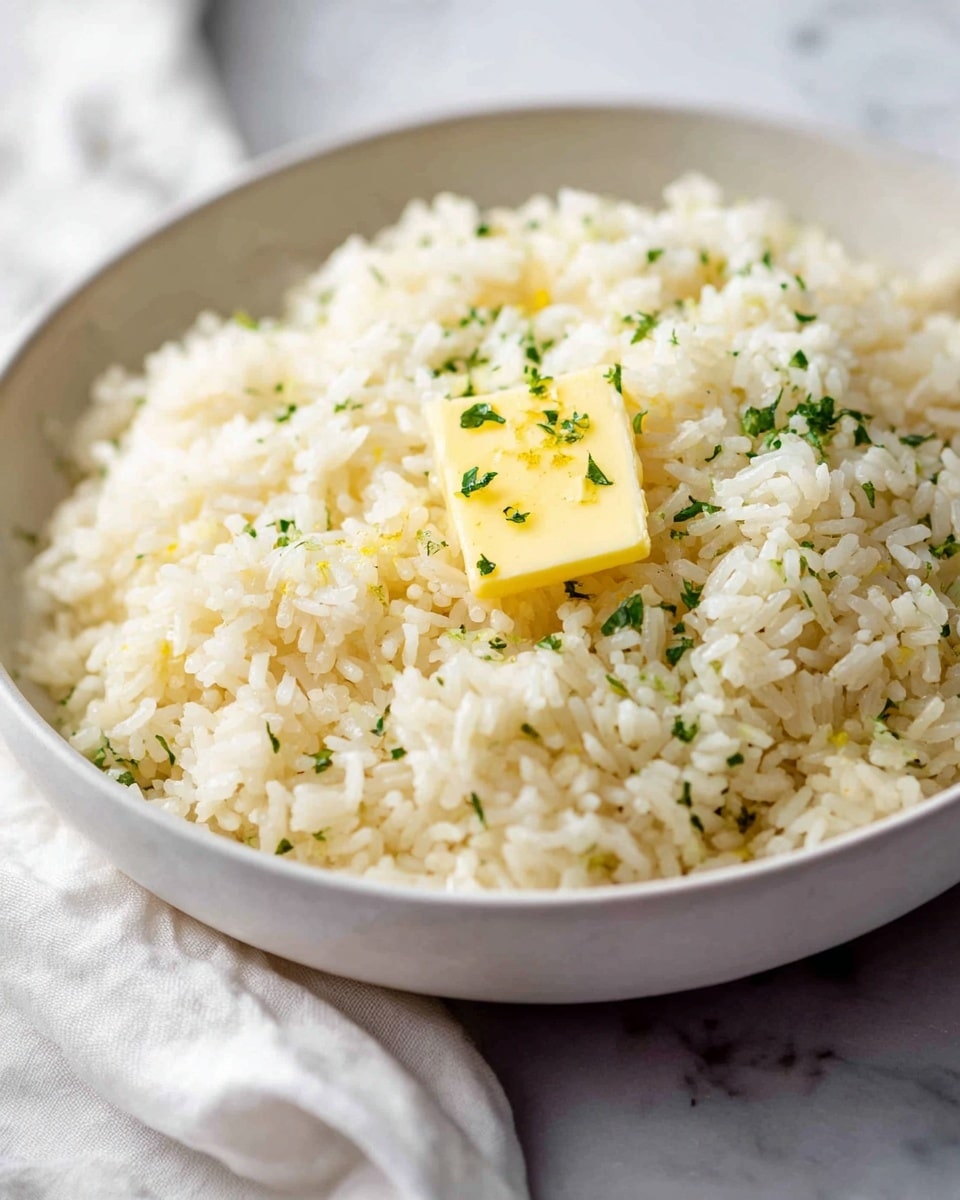 A close-up view of a bowl filled with cooked white rice topped with a small square of yellow butter melting gently in the center, sprinkled with small green herb pieces scattered evenly over the rice. The rice grains are fluffy and separated, showing a soft texture. The bowl is white and placed on a white marbled surface, with a white cloth softly draped nearby. Photo taken with an iphone --ar 4:5 --v 7