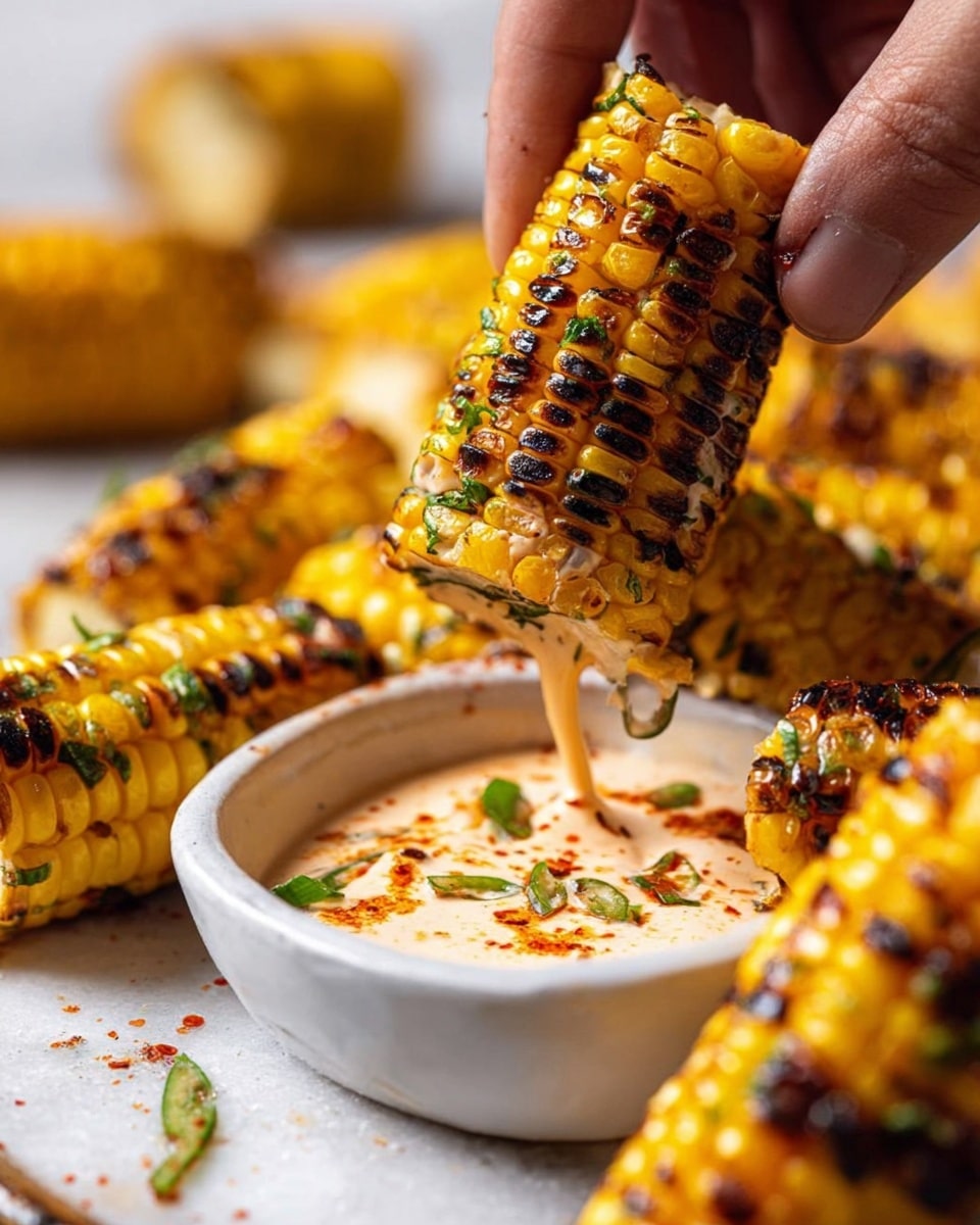The image shows a pile of charred corn ribs on white parchment paper, with each rib cut lengthwise exposing the yellow kernels that have a mix of golden, brown, and black grill marks indicating a smoky flavor. The dish is sprinkled with chopped green herbs and a light dusting of red spice powder. In the top left, there is a white bowl filled with a creamy dipping sauce, topped with red spice and a drizzle of orange oil, creating a smooth texture contrast. The background is a white marbled texture. photo taken with an iphone --ar 4:5 --v 7