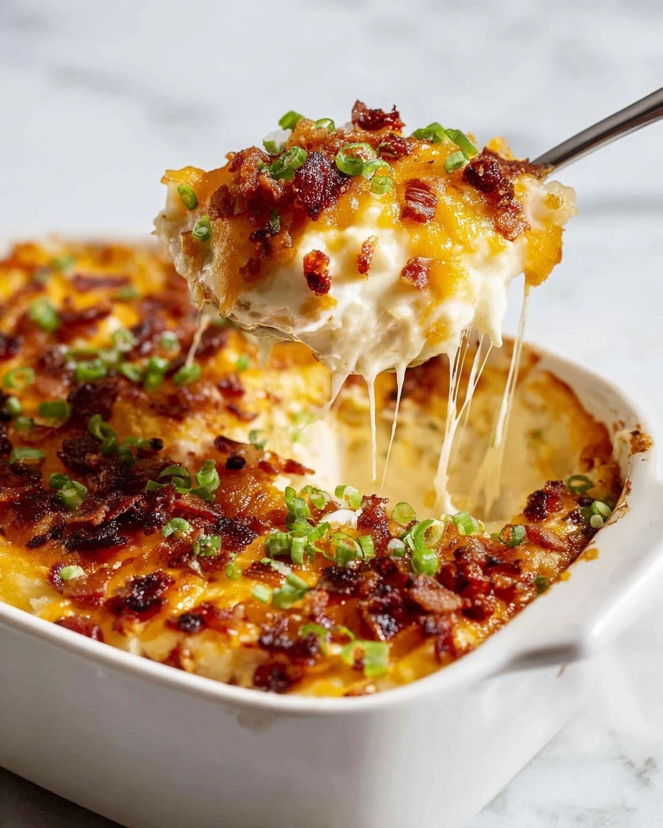 A white round casserole dish is filled with a layered cheesy baked dish. The bottom layer is creamy and pale, possibly mashed potatoes, topped with crispy deep reddish-brown bacon bits, and a thick layer of melted bright orange cheddar cheese that is stringy and gooey as a white spoon lifts a portion. Slices of green onions are scattered over the top, adding a fresh pop of green. The dish sits on a white marbled surface. Photo taken with an iphone --ar 4:5 --v 7