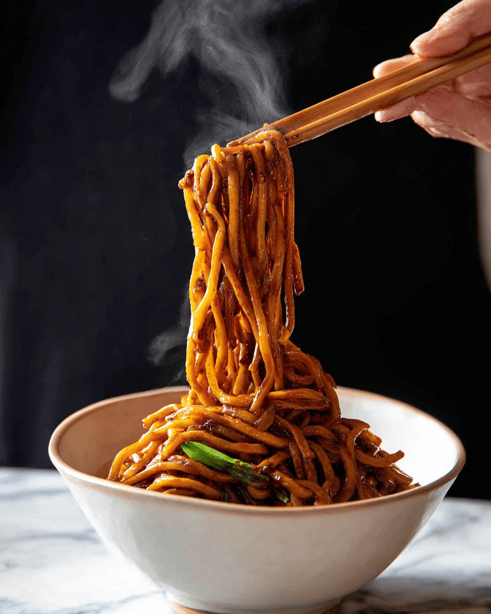 A white bowl filled with a large serving of thick noodles coated in a shiny, dark brown sauce with hints of red. The noodles are lifted by a woman's hand holding wooden chopsticks, showing long strands hanging down in front of the bowl. The noodles have a slightly glossy and oily texture, with a few small green vegetable pieces mixed in. Steam rises from the bowl, giving a fresh, hot feeling. The background is dark, and the bowl sits on a white marbled surface. photo taken with an iphone --ar 4:5 --v 7