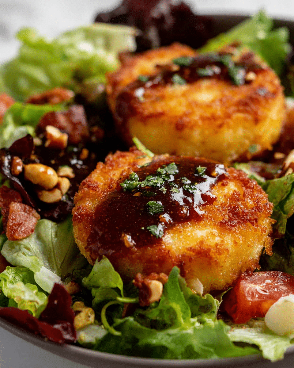 The dish shows two round, golden brown fried cheese rounds placed on a bed of fresh leafy green lettuce and mixed salad leaves with some visible tomato slices. The cheese rounds have a crispy textured outer layer and are topped with a glossy dark brown sauce and small green herb sprinkles. Around them, there are pieces of chopped nuts and bits of what looks like crispy bacon. The whole dish is set against a white marbled surface, focusing closely on the crispy cheese and fresh vibrant salad elements. photo taken with an iphone --ar 4:5 --v 7