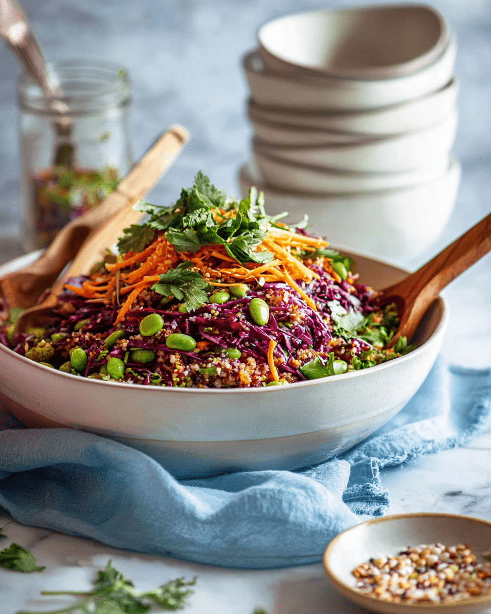 The image shows a big white bowl filled with a colorful layered salad. The bottom layer looks like a mix of green beans and small green peas, topped with a bright layer of thin orange carrot strips and thin purple cabbage pieces. On top of this, there are fresh green herbs scattered all over. The salad has a rough texture with small bits from mixed grains or seeds spread throughout. Two wooden spoons are placed inside the bowl, partially buried in the salad. The bowl is on a light blue cloth on a white marbled surface. In the background, there are three stacked white bowls and a jar with forks and spoons inside. A small white plate with some seeds or grains is also in front of the bowl. Photo taken with an iphone --ar 4:5 --v 7