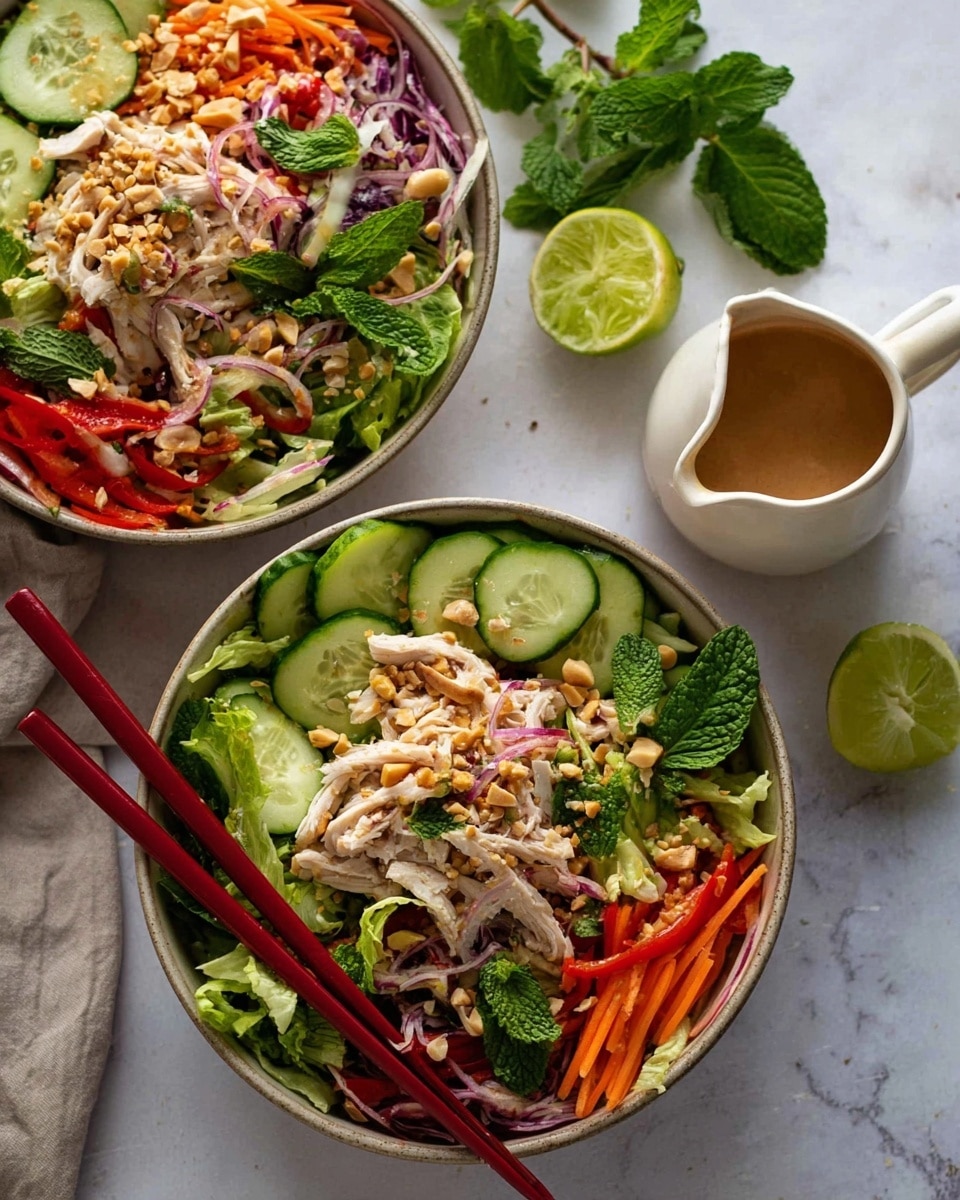 Two bowls full of fresh salad sit on a white marbled surface, each bowl layered with green lettuce at the bottom, topped with sliced cucumbers, shredded chicken, thin strips of red pepper and carrot, purple onion slices, and sprinkled with crushed peanuts. One bowl has red chopsticks resting on its edge. Nearby, a white sauce pitcher holds a light brown dressing. A lime wedge and fresh green mint leaves are placed on the surface beside the bowls. The colors are bright and vibrant with a mix of green, red, orange, purple, and light beige. Photo taken with an iphone --ar 4:5 --v 7