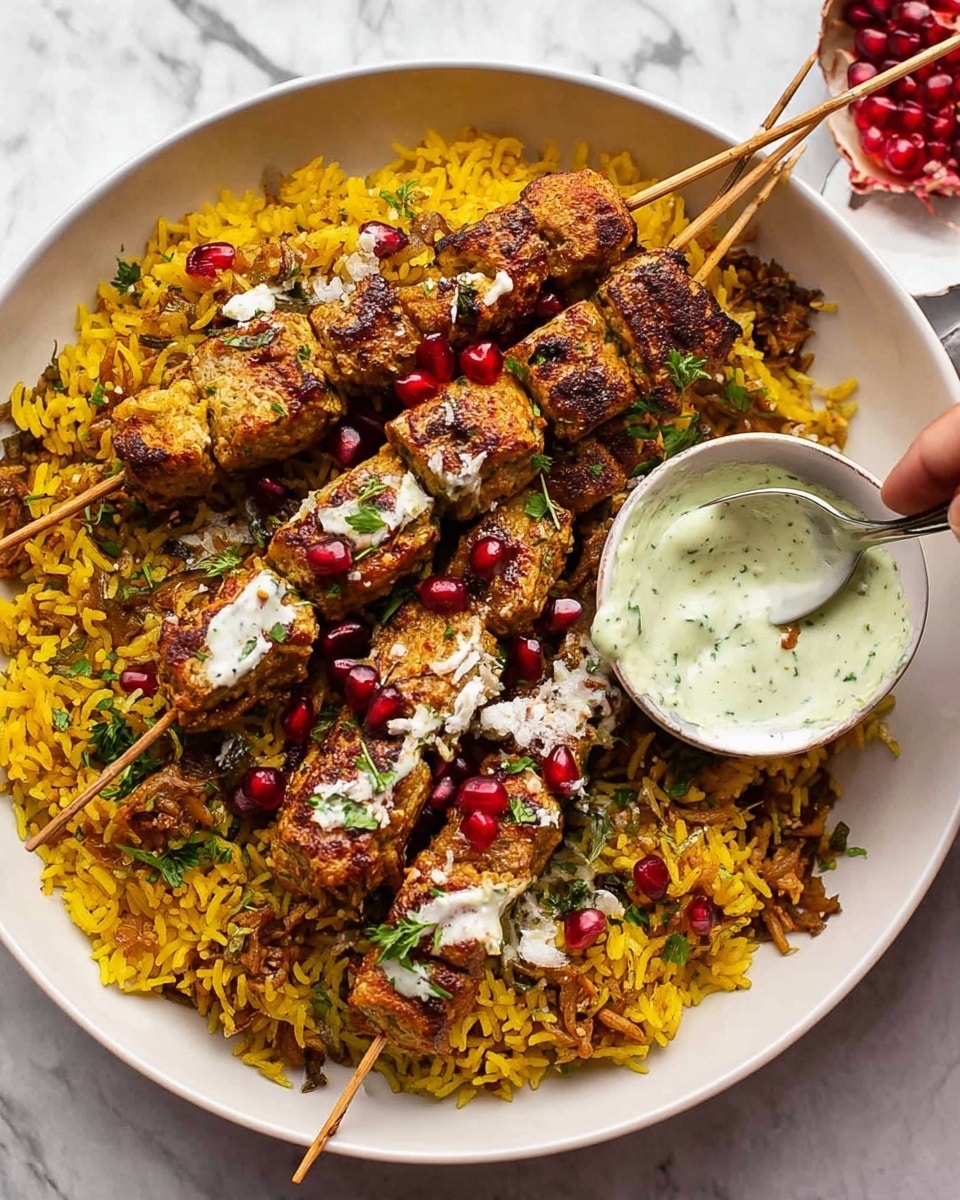 A white bowl filled with a vibrant yellow rice mixed with spices, whole cinnamon sticks, and raisins, topped with bright red pomegranate seeds and chopped green herbs. On one side, six grilled skewers of brownish-golden paneer or meat, each sprinkled with white crumbled cheese and some herbs, rest over the rice. One skewer is being dipped into a small white bowl of light green creamy sauce held by a woman's hand, showing the sauce dripping lightly on the skewer. A metal spoon rests partially inside the rice. The bowl sits on a white marbled surface. photo taken with an iphone --ar 4:5 --v 7