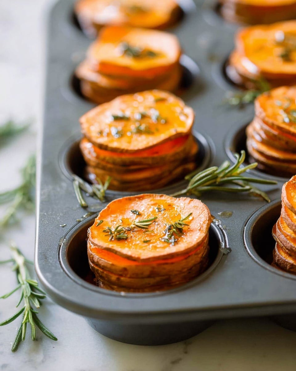 There are several small stacks of thin, round orange sweet potato slices arranged on a white plate. Each stack has about six to eight slices, lightly browned and crispy on the edges with a smooth, soft texture inside. Small green herb pieces are sprinkled on top and between layers, adding a fresh touch. A few drops of shiny oil are visible on the plate, reflecting light. The plate rests on a white marbled surface with some green herbs scattered nearby. photo taken with an iphone --ar 4:5 --v 7