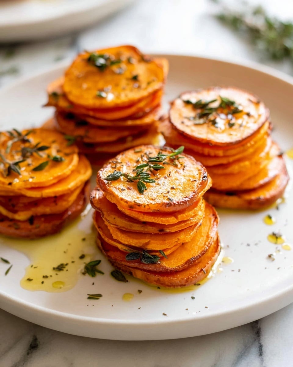 There are small stacks of sliced sweet potatoes arranged inside individual cups of a muffin tin. Each stack has around 10 visible layers, showing thin, bright orange rounds of sweet potato with a glossy finish from a glaze or oil. The tops are sprinkled with small green herb pieces, likely rosemary, adding texture and a fresh touch. A few fresh rosemary sprigs are scattered around the muffin tin for decoration. The muffin tin sits on a white marbled surface, giving a clean background. The lighting highlights the shiny, tender look of the sweet potatoes. photo taken with an iphone --ar 4:5 --v 7
