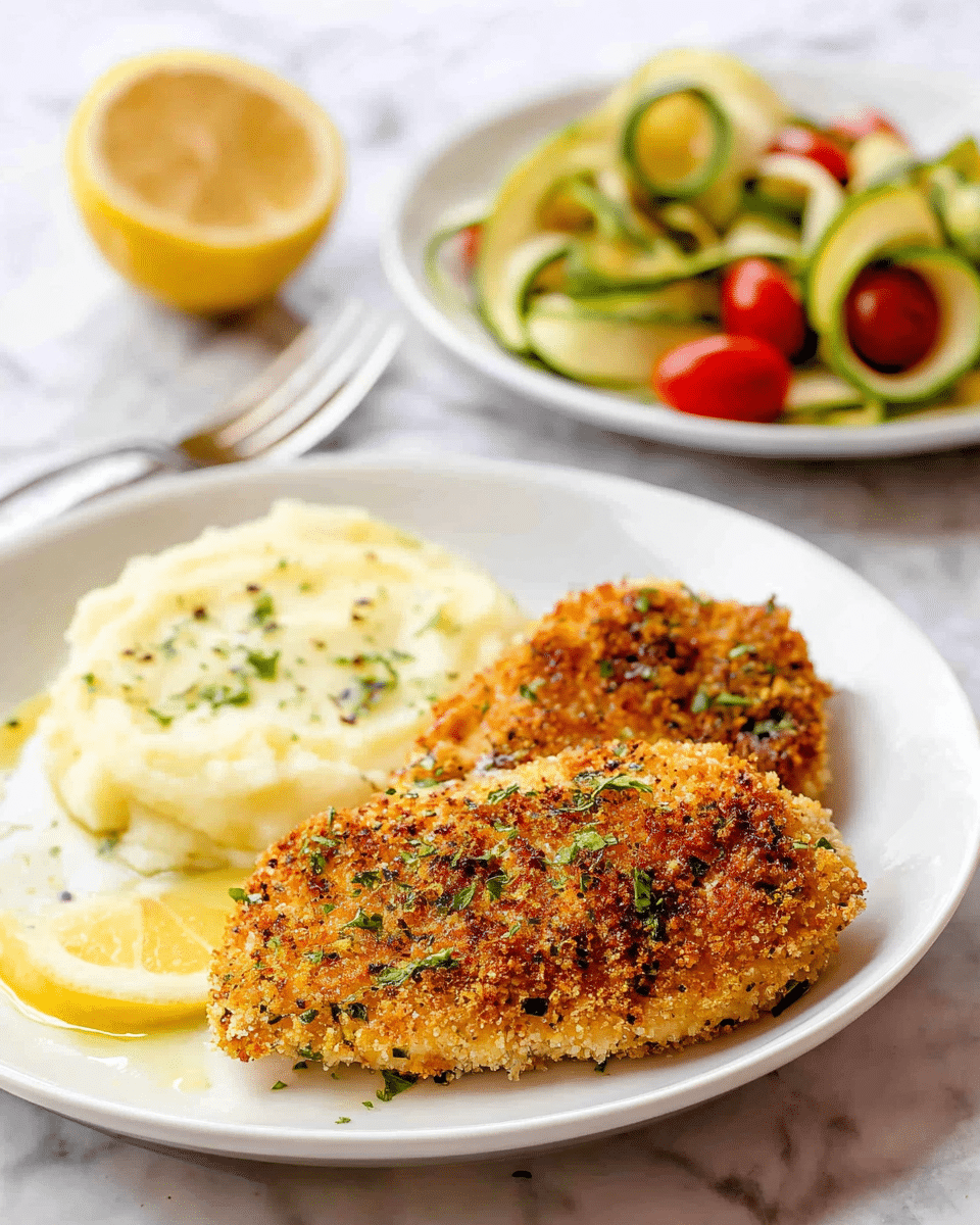 A white plate with two pieces of golden brown breaded chicken placed on the right side, showing a crispy, textured coating with green herb sprinkles. On the left side of the plate, there is a smooth, creamy layer of mashed potatoes topped with a light drizzle of olive oil and small green herbs scattered over it. Behind the food on the plate is a half lemon with visible seeds, positioned next to a silver fork. In the background, slightly out of focus, there is a white plate filled with curled green zucchini ribbons and halved red cherry tomatoes. The whole scene is set on a white marbled surface. Photo taken with an iphone --ar 4:5 --v 7