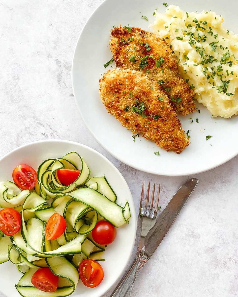 The image shows two white plates on a white marbled surface. The plate on the top right has two pieces of golden brown crispy breaded chicken placed side by side, garnished with green herbs. Beside the chicken, there is a serving of creamy mashed potatoes with a light sprinkle of green herbs on top. The plate on the bottom left has a fresh salad made of thin, curled cucumber ribbons and halved bright red cherry tomatoes scattered throughout. A silver fork lies on the white marbled surface next to the salad plate. Photo taken with an iphone --ar 4:5 --v 7