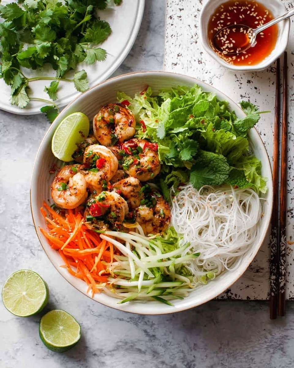 A white bowl holds a colorful dish with several fresh layers arranged separately. At the center, there are grilled shrimp with bits of red chili and chopped herbs on top, surrounded by a bed of white rice noodles on one side. To the right of the shrimp is a pile of white bean sprouts, while shredded green lettuce sits above them. To the bottom right, there are thinly sliced orange carrot strips, and to the bottom left, thin green cucumber strips. A lime wedge sits near the top left of the bowl. Fresh cilantro leaves are scattered across the shrimp and around the bowl. On the white marbled surface around the bowl, there is a small white bowl with a red dipping sauce topped with sesame seeds and a spoon inside, along with fresh green herb sprigs and a piece of lime. A pair of chopsticks rests on a white plate in the background. Photo taken with an iphone --ar 4:5 --v 7