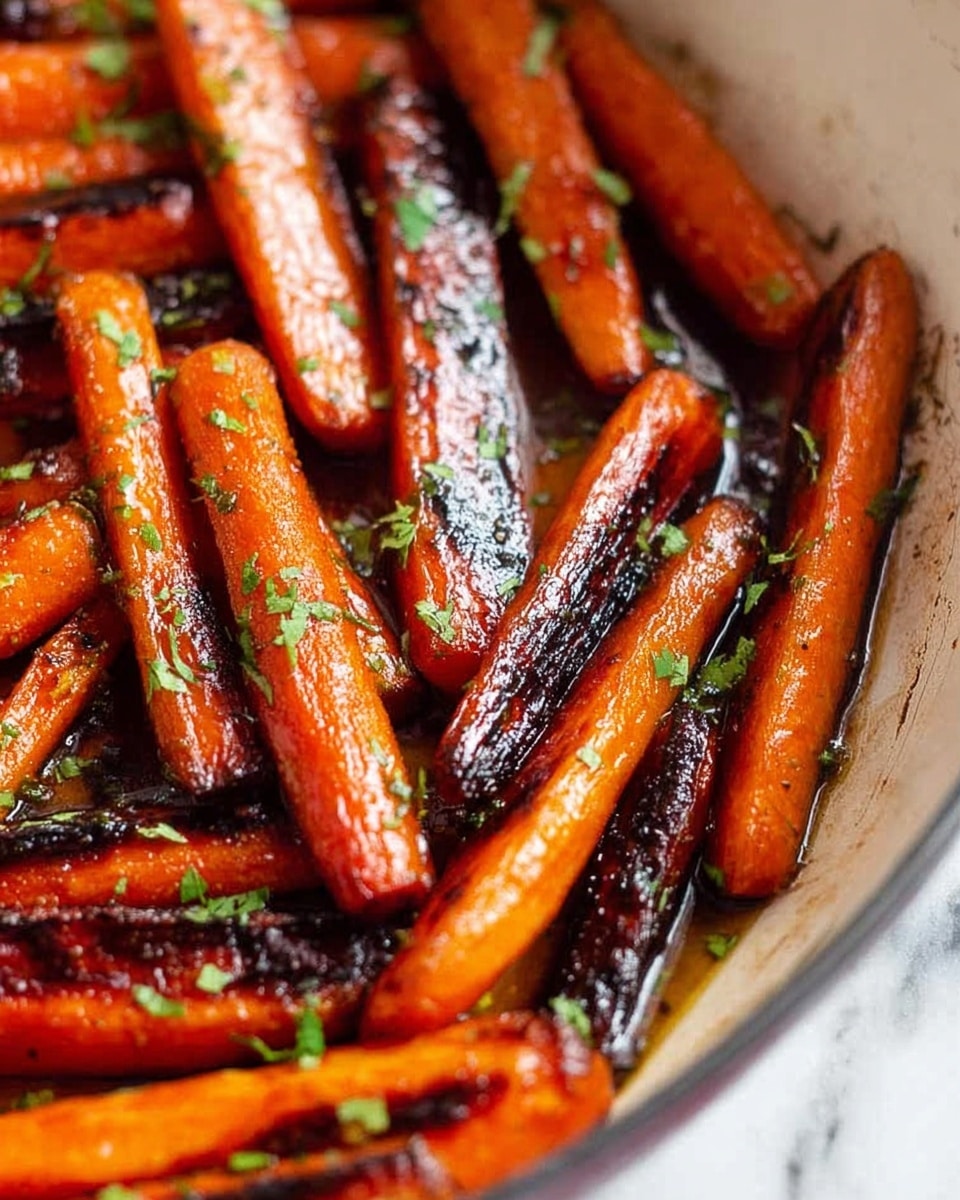 A close-up of caramelized carrot sticks in a white cooking pan, showing two layers of carrots; the bottom layer is lightly cooked with an orange color, while the top layer is charred and dark brown in spots, adding texture and depth. Small green herb flakes are sprinkled evenly over the carrots. The shiny surface suggests they are glazed with a sauce, and the pan's edge is visible on the right side, with a white marbled texture beneath. Photo taken with an iphone --ar 4:5 --v 7