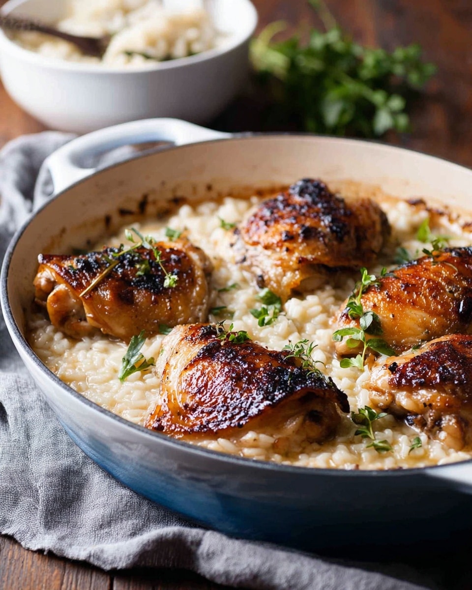 The image shows a large white oval baking dish filled with a creamy risotto base that is off-white and soft in texture, covering the bottom of the dish. On top of the risotto are four pieces of golden brown roasted chicken thighs with crispy, slightly charred skin, evenly spaced across the surface. Some small green herbs are sprinkled on the chicken, adding a fresh touch. The dish is placed on a wooden table with a grey cloth nearby and a white bowl with more risotto and chicken blurred in the background. Photo taken with an iphone --ar 4:5 --v 7