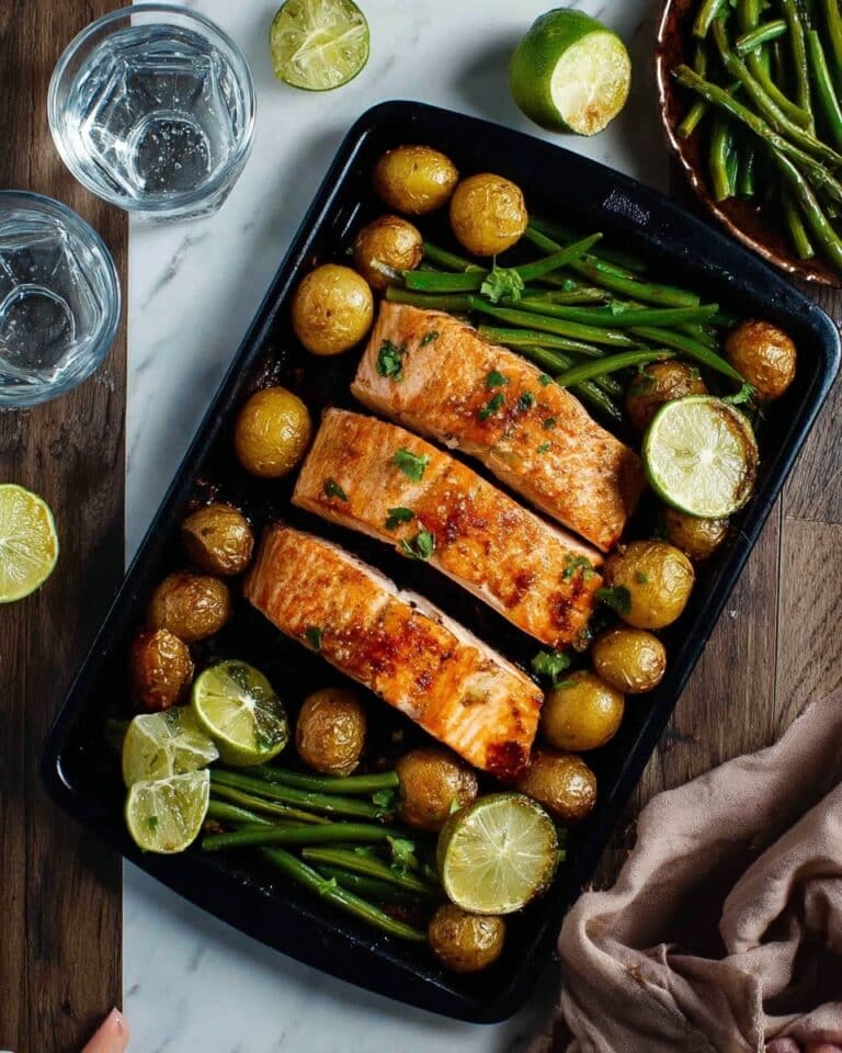 One Tray Oven Baked Honey Chili Lime Salmon with Potatoes and Beans Recipe